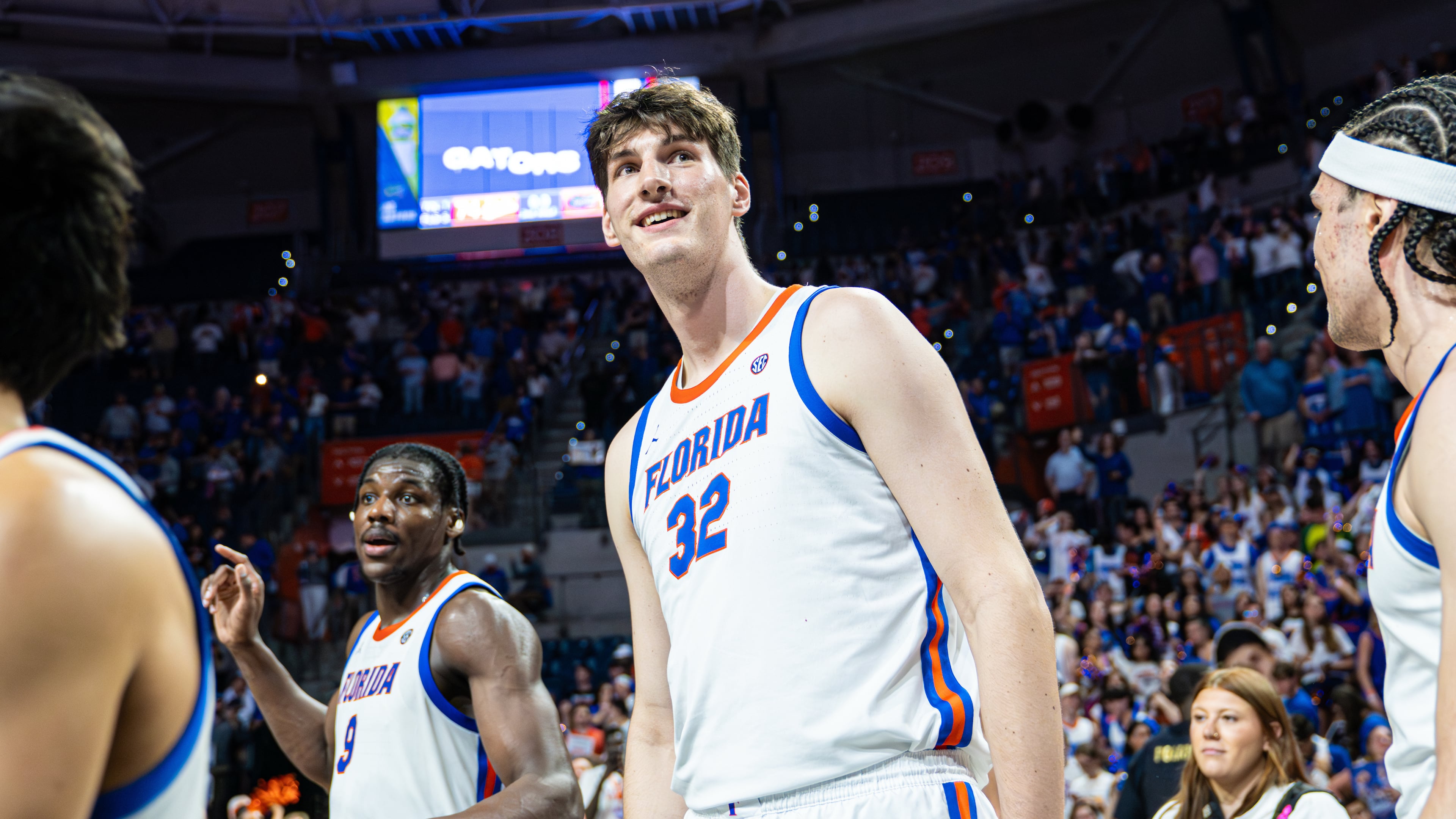 FILE - Florida center Olivier Rioux (32) smiles following their win over Mississippi State during the second half of an NCAA college basketball game on March 3, 2026, in Gainesville, Fla. (AP Photo/Morgan Hurd, File)