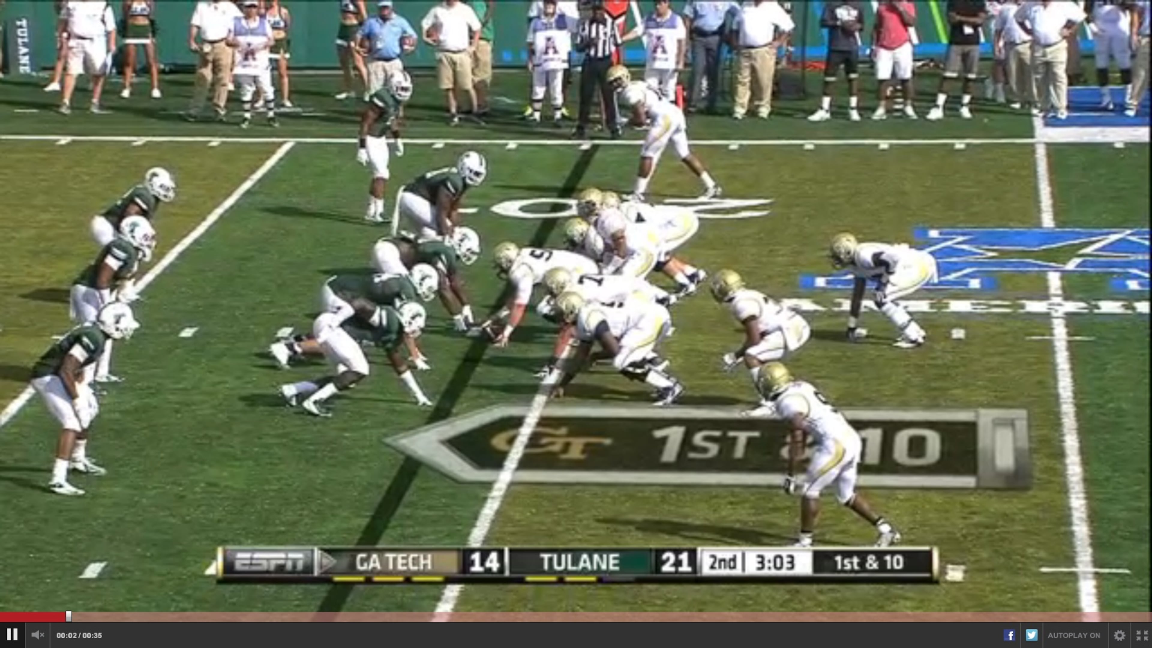 A-back Tony Zenon (9) is in the left slot. A-back Deon Hill (31) is in the standard slotback spot. Wide receiver Micheal Summers is not below the screen. B-back Synjyn Days is behind quarterback Justin Thomas. Tulane is in a nickel alignment with nickel safety William Townsend (13 on the near side in the box.