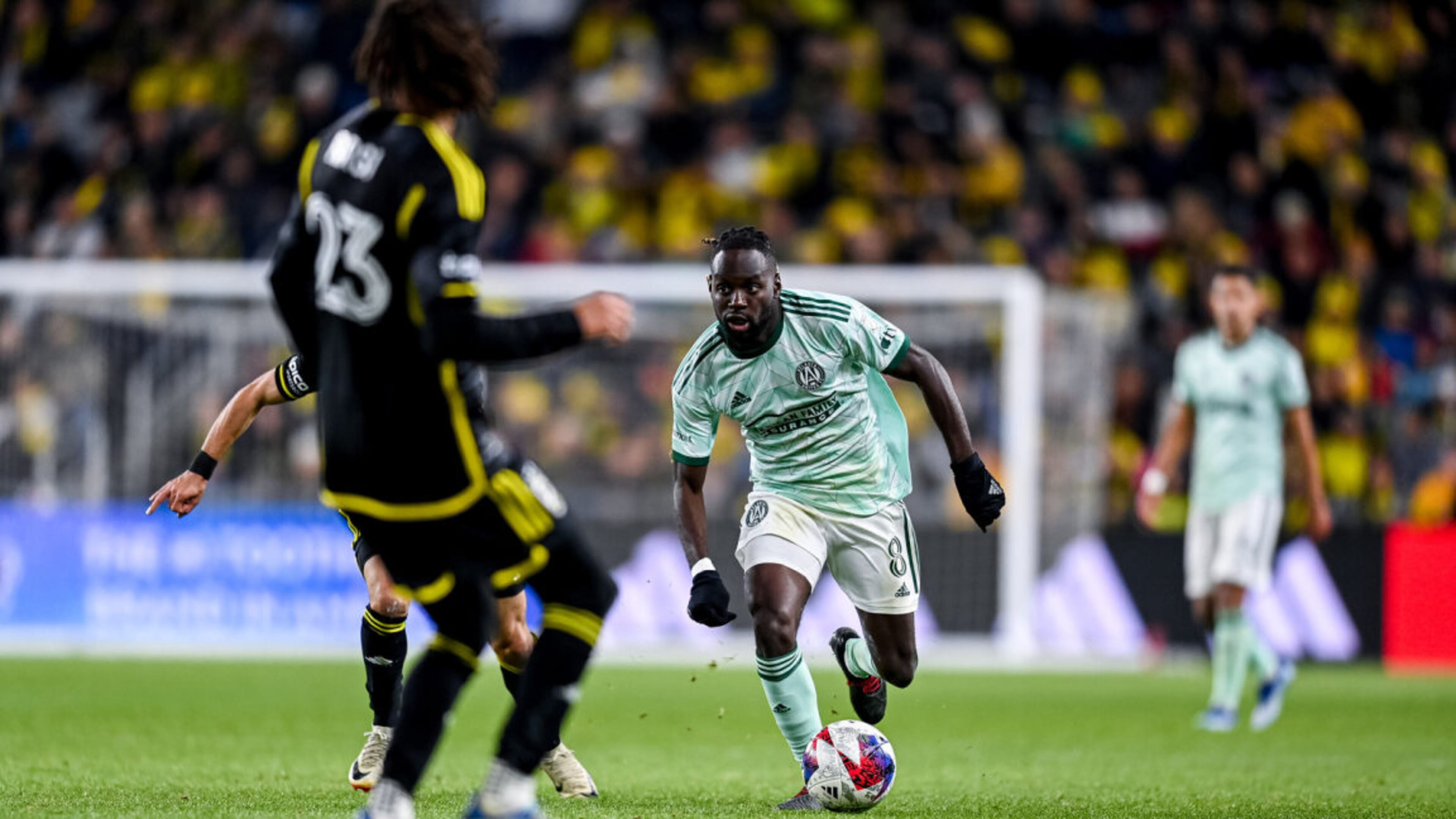 Atlanta United's Tristan Muyumba dribbles against Columbus Crew Sunday in Game 3 of their playoff series.