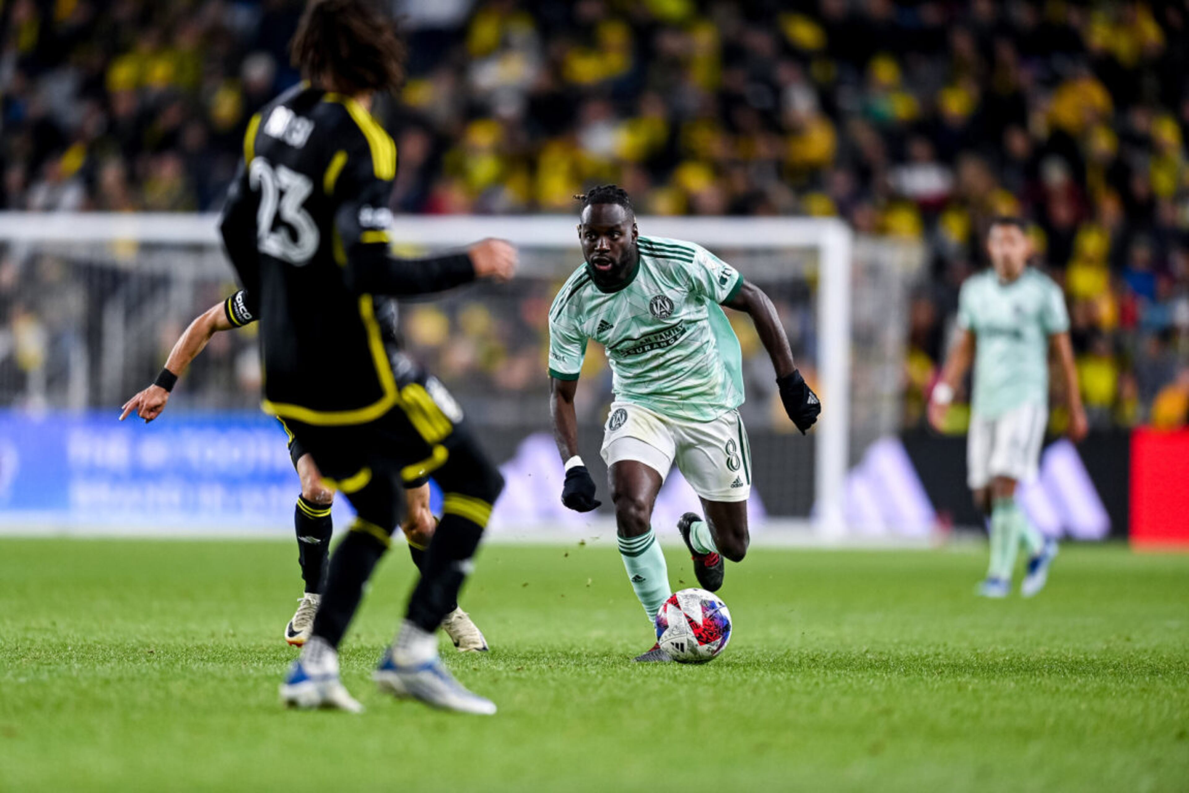 Atlanta United's Tristan Muyumba dribbles against Columbus Crew Sunday in Game 3 of their playoff series.