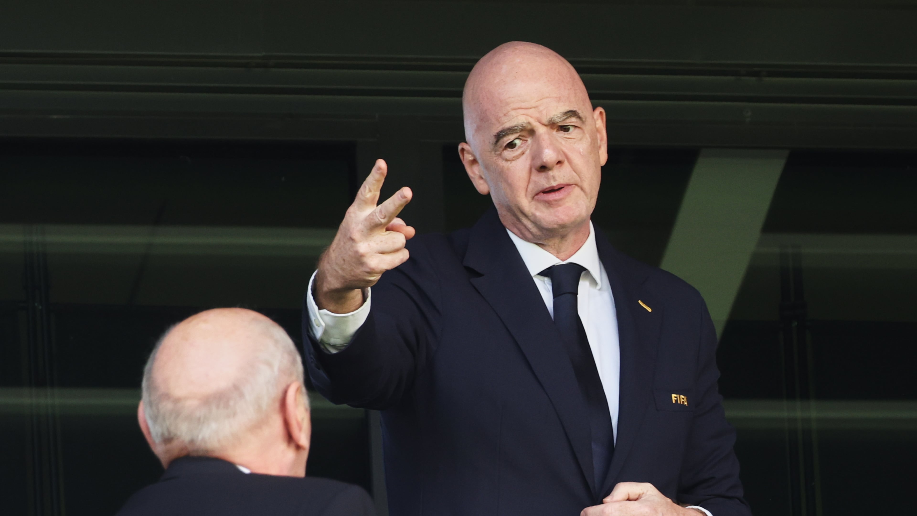 FIFA President Gianni Infantino gestures as he attends the Women's U20 World Cup opening match between Poland and Argentina in Katowice, Poland, Saturday, Sept. 5, 2026. (AP Photo/Beata Zawrzel)