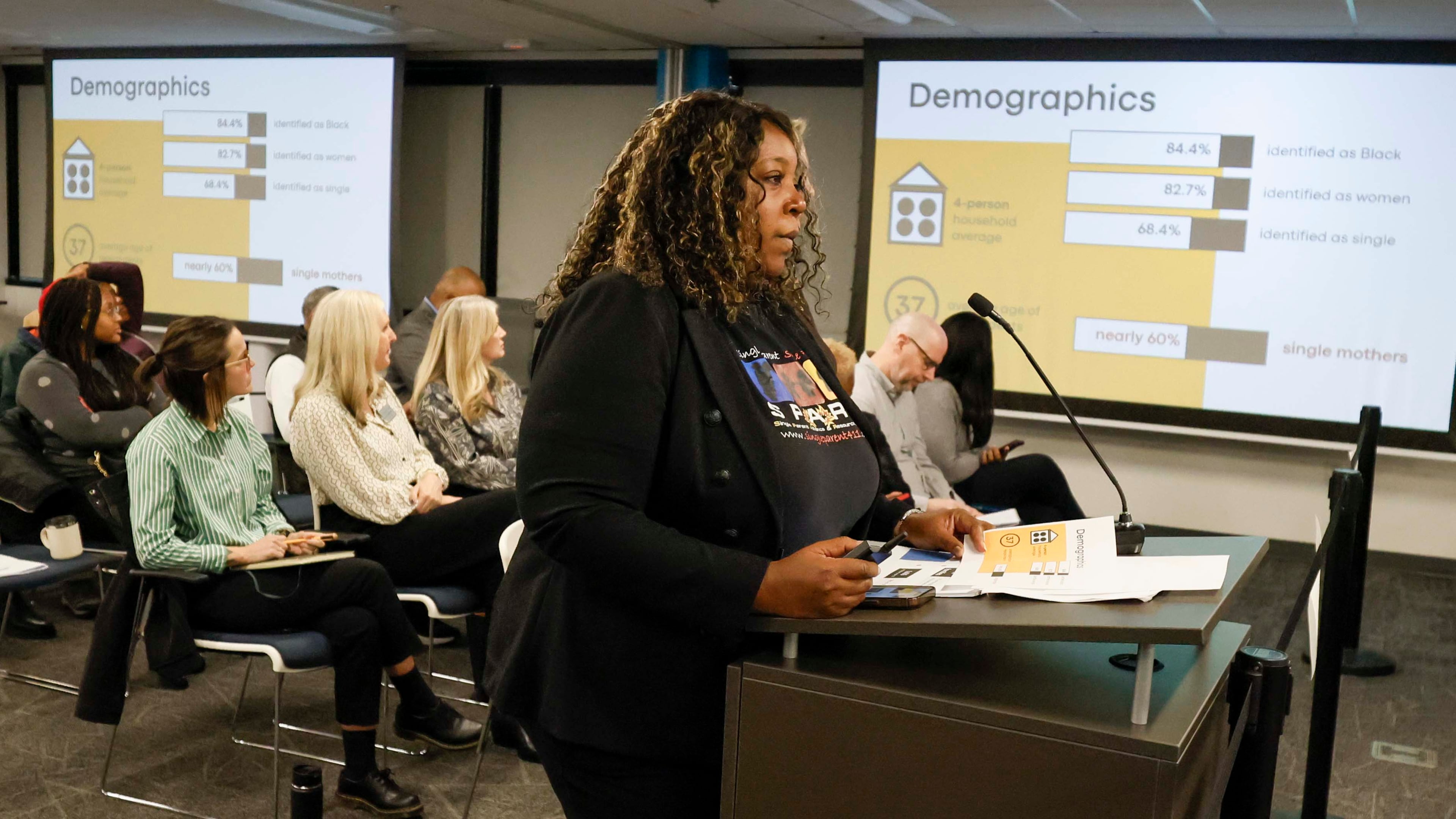 Joy Monroe, founder/CEO of SPARC (Single Parent Alliance & Resource Center), speaks during the DeKalb County Board of Commissioners' hearing on the study of families living in extended-stay hotels on Tuesday, Jan. 6, 2026. (Miguel Martinez/AJC)