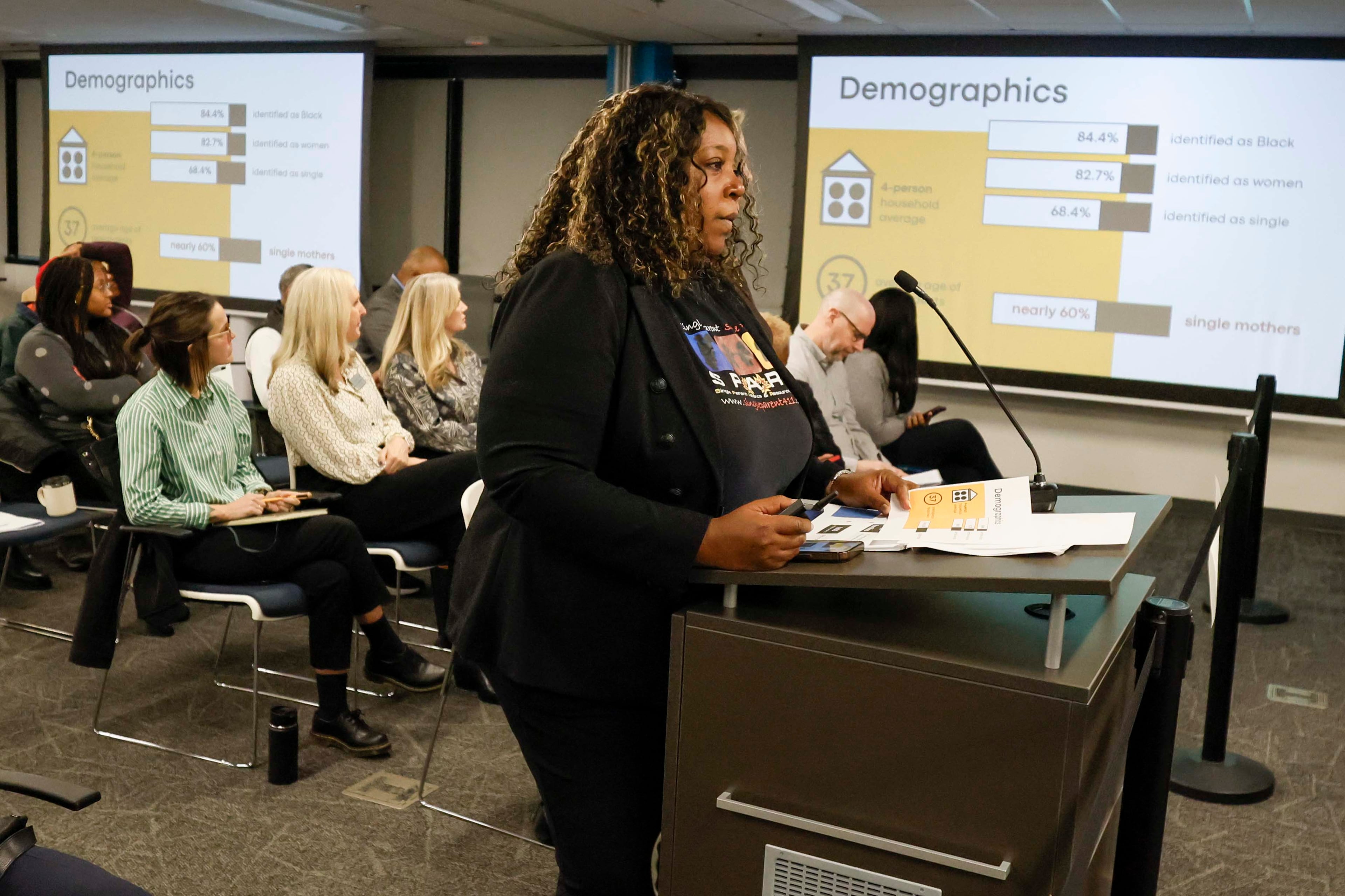 Joy Monroe, founder/CEO of SPARC (Single Parent Alliance & Resource Center), speaks during the DeKalb County Board of Commissioners' hearing on the study of families living in extended-stay hotels on Tuesday, Jan. 6, 2026. (Miguel Martinez/AJC)