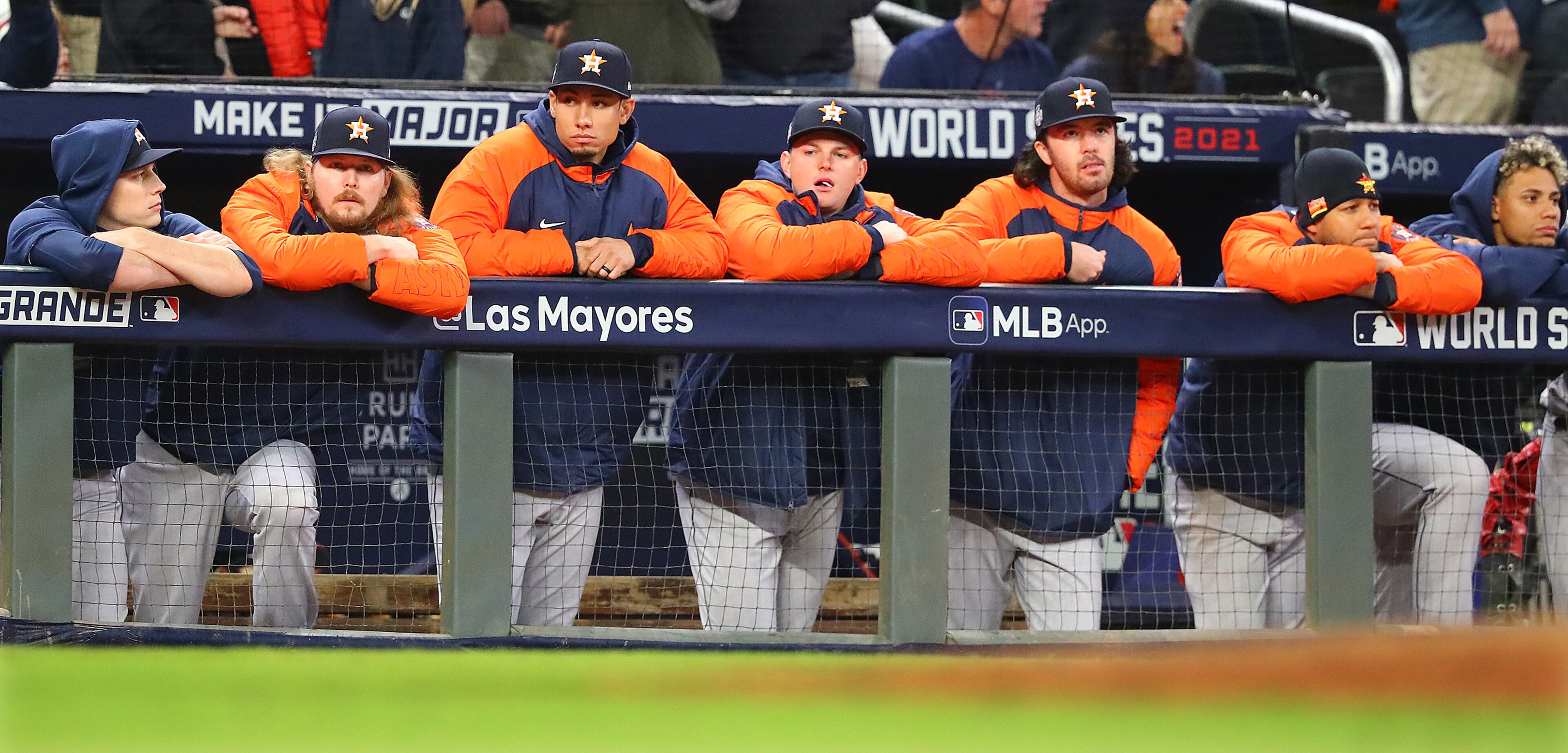 103021 ATLANTA: The Astros watch the final outs of the game during a 3-2 loss to the Braves in game 4 of the World Series on Saturday, Oct. 30, 2021, in Atlanta. “Curtis Compton / Curtis.Compton@ajc.com”