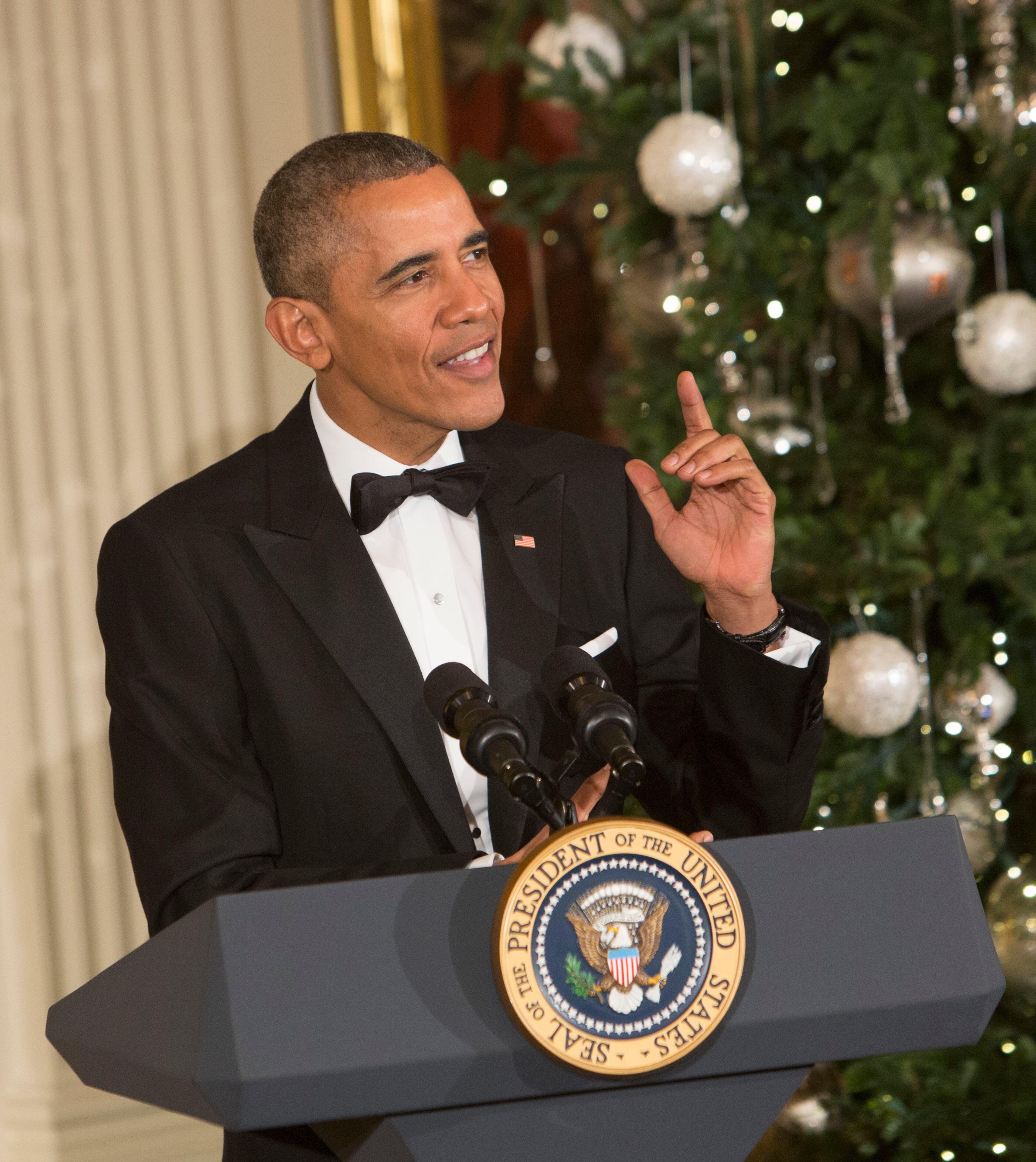 US President Barack Obama delivers remarks December 6, 2015 at the White House in Washington DC at a reception honoring the recipients of the 2015 Kennedy Center Honors. AFP Photo/ Chris Kleponis / AFP / CHRIS KLEPONIS (Photo credit should read CHRIS KLEPONIS/AFP/Getty Images)