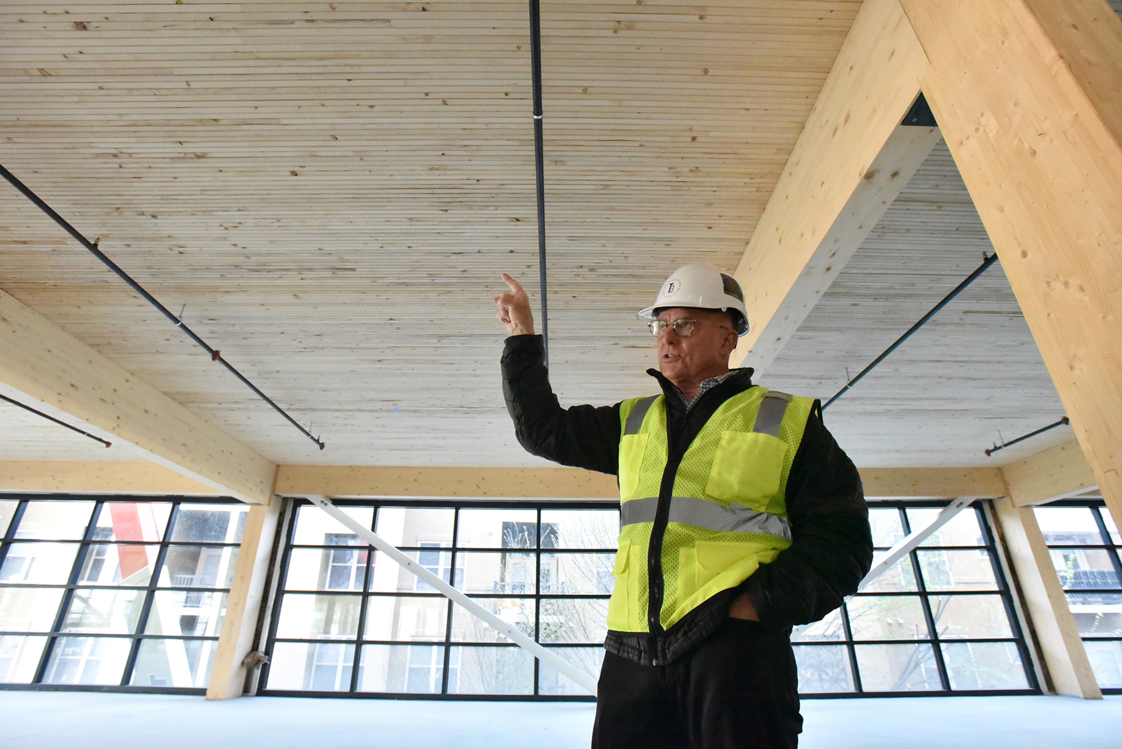 April 3, 2019 Atlanta - John Heagy, senior managing director for Hines Southeast Region, speaks at construction site of T3 West Midtown in Atlantic Station on Wednesday, April 3, 2019. T3 West Midtown is new generation of heavy timber building that redefines the standard for the modern creative office. Mega developer Hines, which owns Atlantic Station, is building a timber-framed office building in Midtown. Itââ¬â¢s the only office building of its type known to be under construction in the metro area. HYOSUB SHIN / HSHIN@AJC.COM