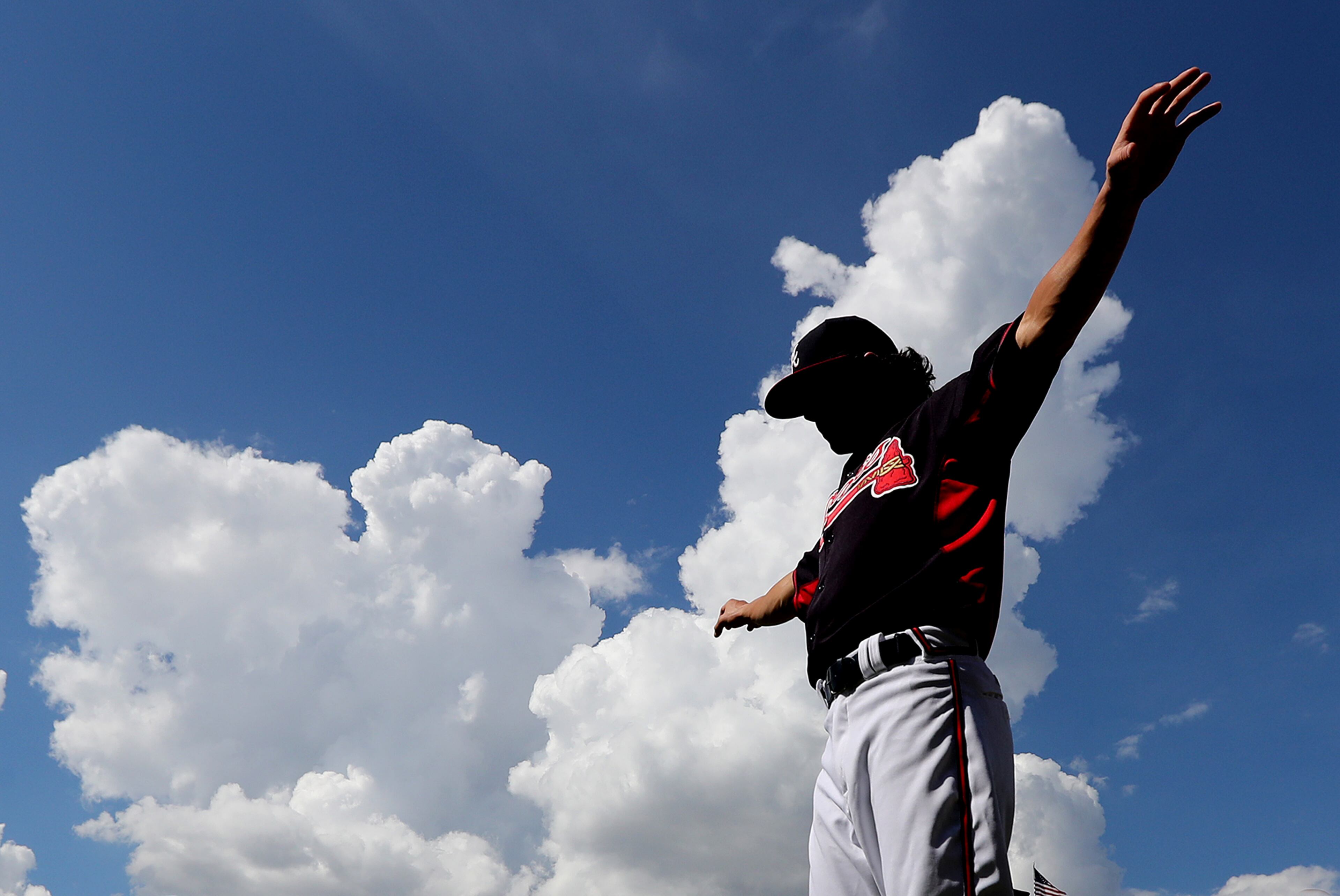 081716 ATLANTA: There is nothing but blue sky for Braves top prospect Dansby Swanson who stretches while making his MLB debut at Turner Field during batting practice before playing the Twins in a baseball game on Wednesday, August 17, 2016, in Atlanta. Curtis Compton /ccompton@ajc.com