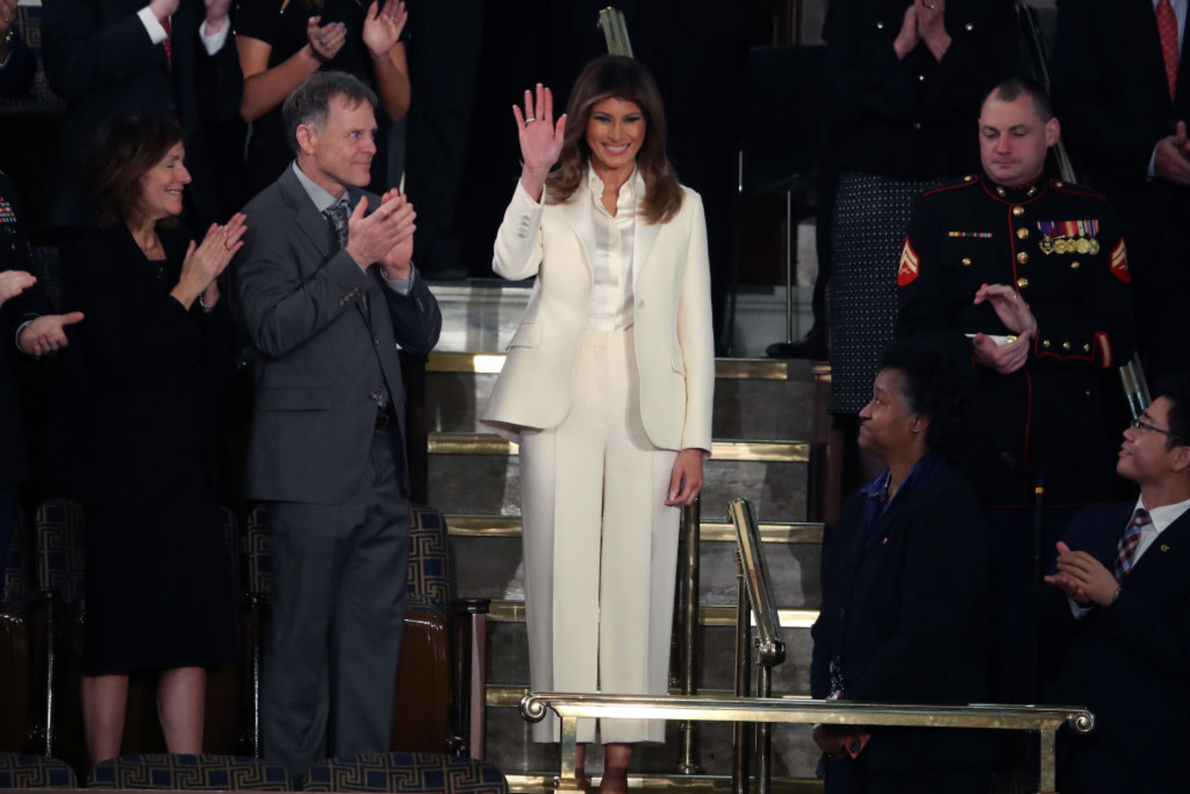 WASHINGTON, DC - JANUARY 30: First lady Melania Trump arrives for the State of the Union address in the chamber of the U.S. House of Representatives January 30, 2018 in Washington, DC. This is the first State of the Union address given by U.S. President Donald Trump and his second joint-session address to Congress. (Photo by Mark Wilson/Getty Images)