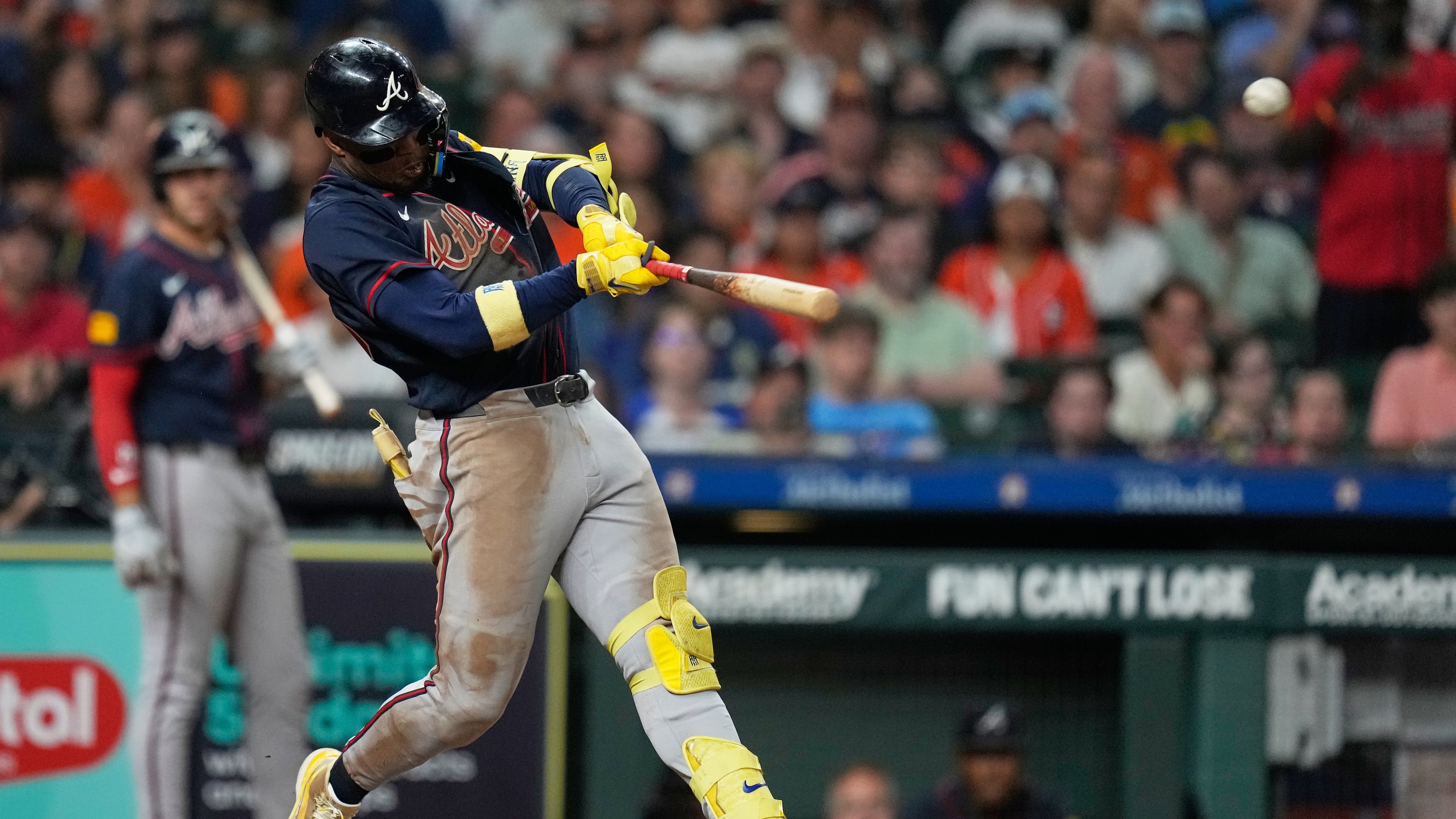 Atlanta Braves' Ronald Acuña Jr. hits a grand slam during the seventh inning of a baseball game against the Houston Astros in Houston, Saturday, Sept. 19, 2026. (AP Photo/Ashley Landis)