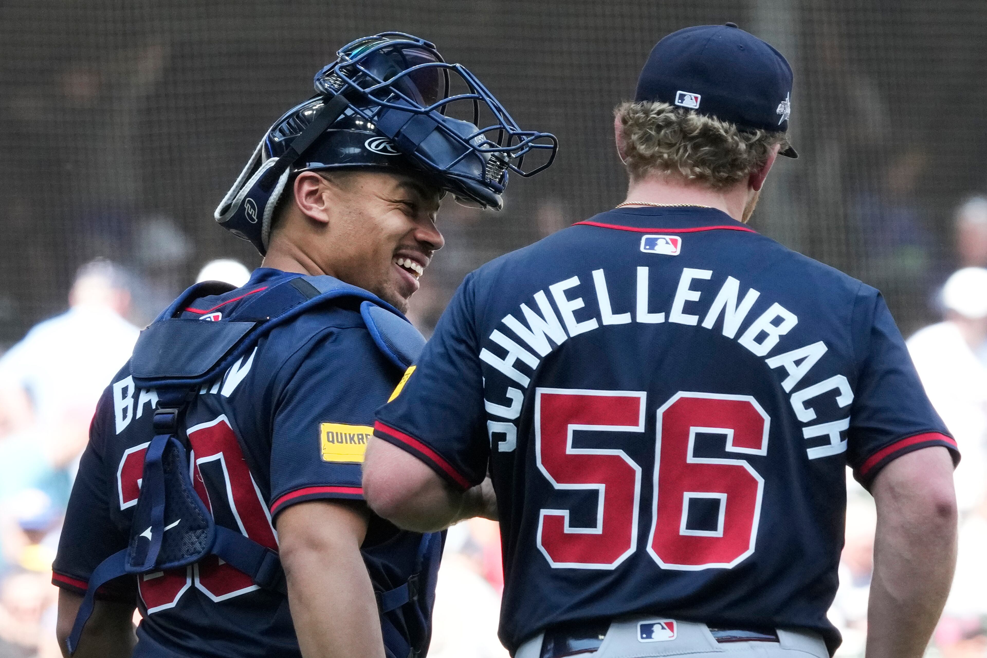 Atlanta Braves pitcher Spencer Schwellenbach, right, is congratulated by catcher Drake Baldwin, left, after pitching a complete game against the Milwaukee Brewers, Wednesday, June 11, 2025, in Milwaukee. (AP Photo/Kayla Wolf)