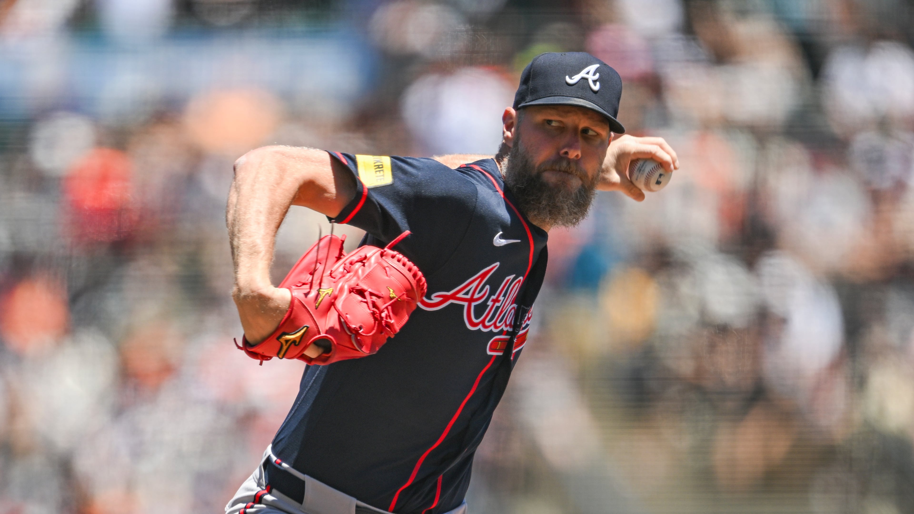 Atlanta Braves pitcher Chris Sale throws to a San Francisco Giants batter during the first inning of a baseball game, Sunday, June 28, 2026, in San Francisco (AP Photo/Justine Willard)