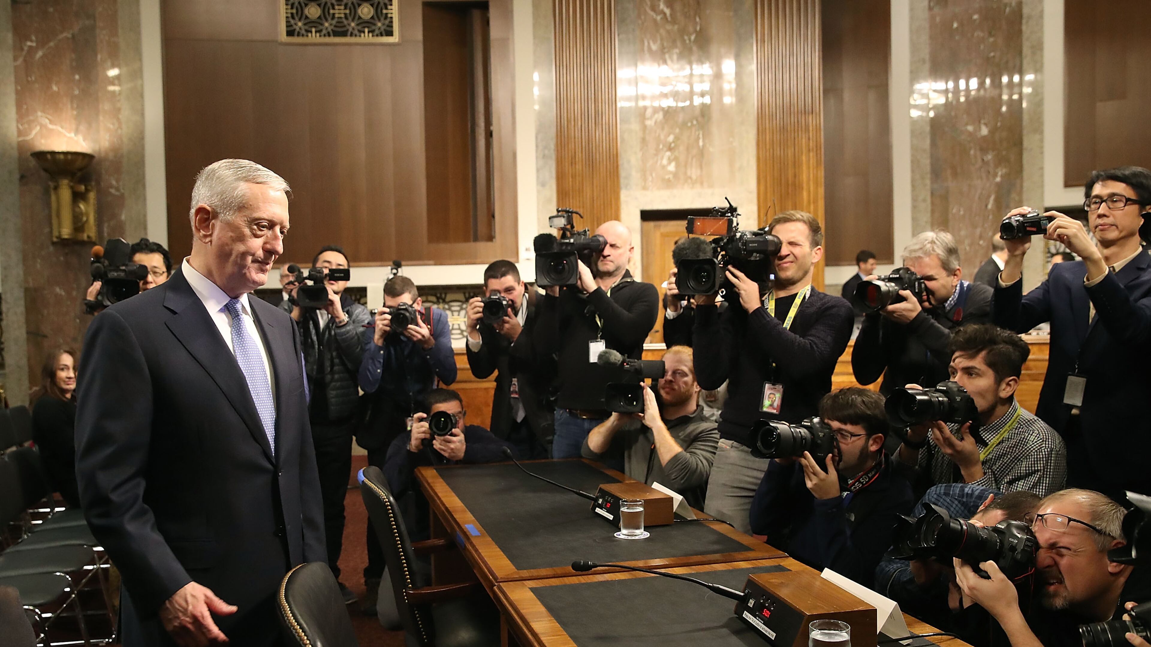 Defense secretary nominee retired Marine Corps Gen. James Mattis arrives at his Senate Armed Services Committee confirmation hearing on Thursday. Mark Wilson/Getty Images