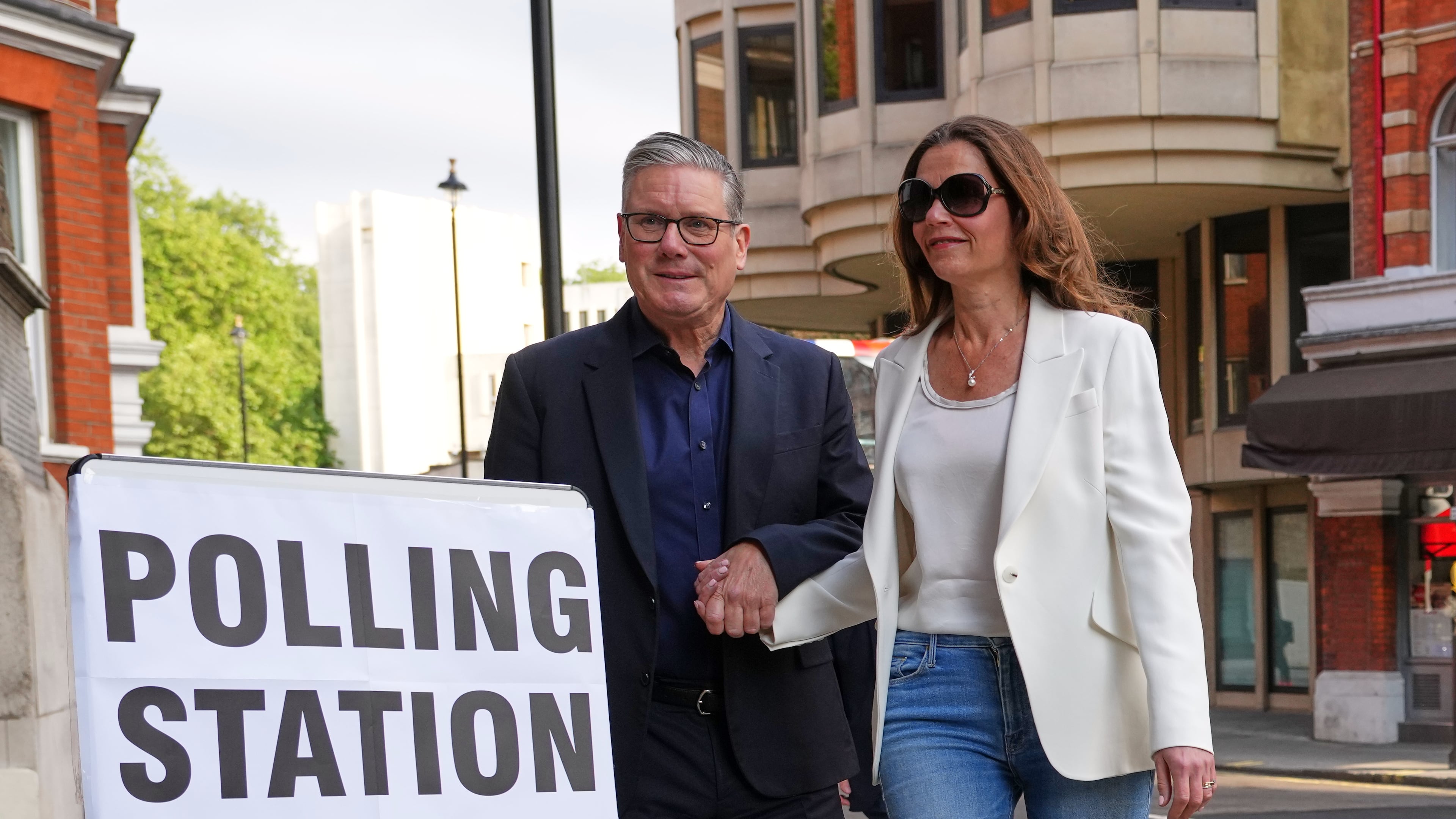 Britain's Prime Minister Keir Starmer and wife Victoria arrive at a polling station in central London, Thursday, May 7, 2026 to cast their votes in the local elections.(AP Photo/Kirsty Wigglesworth)