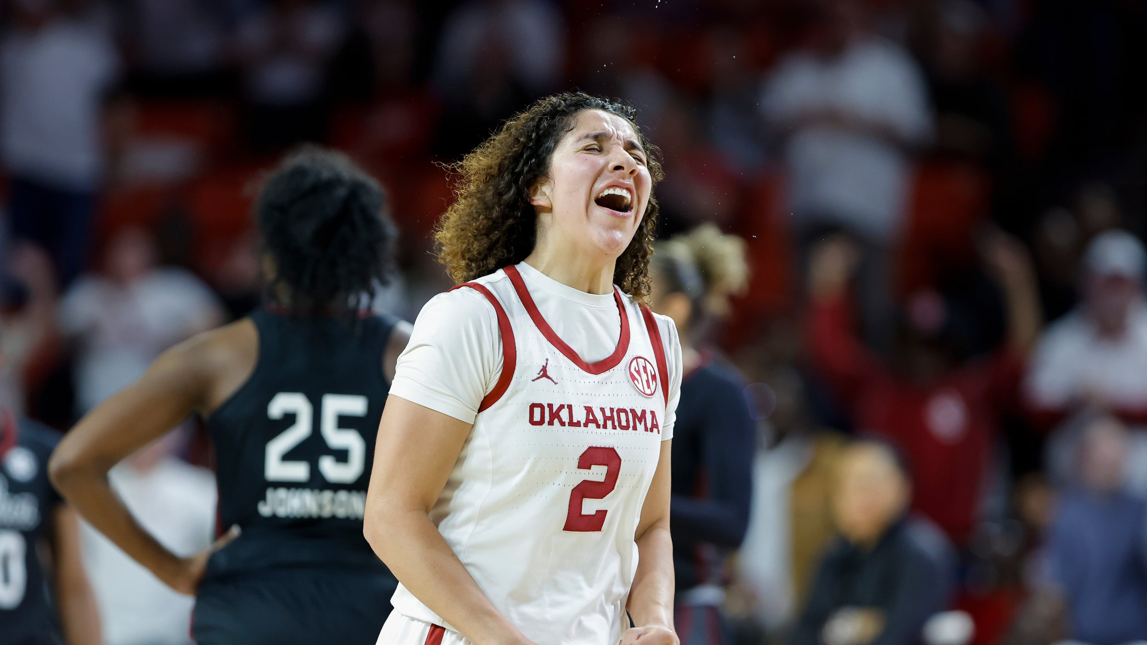 Oklahoma guard Aaliyah Chavez (2) celebrates after scoring against South Carolina during the second half of an NCAA college basketball game Thursday, Jan. 22, 2026 in Norman, Okla. (AP Photo/Alonzo Adams)