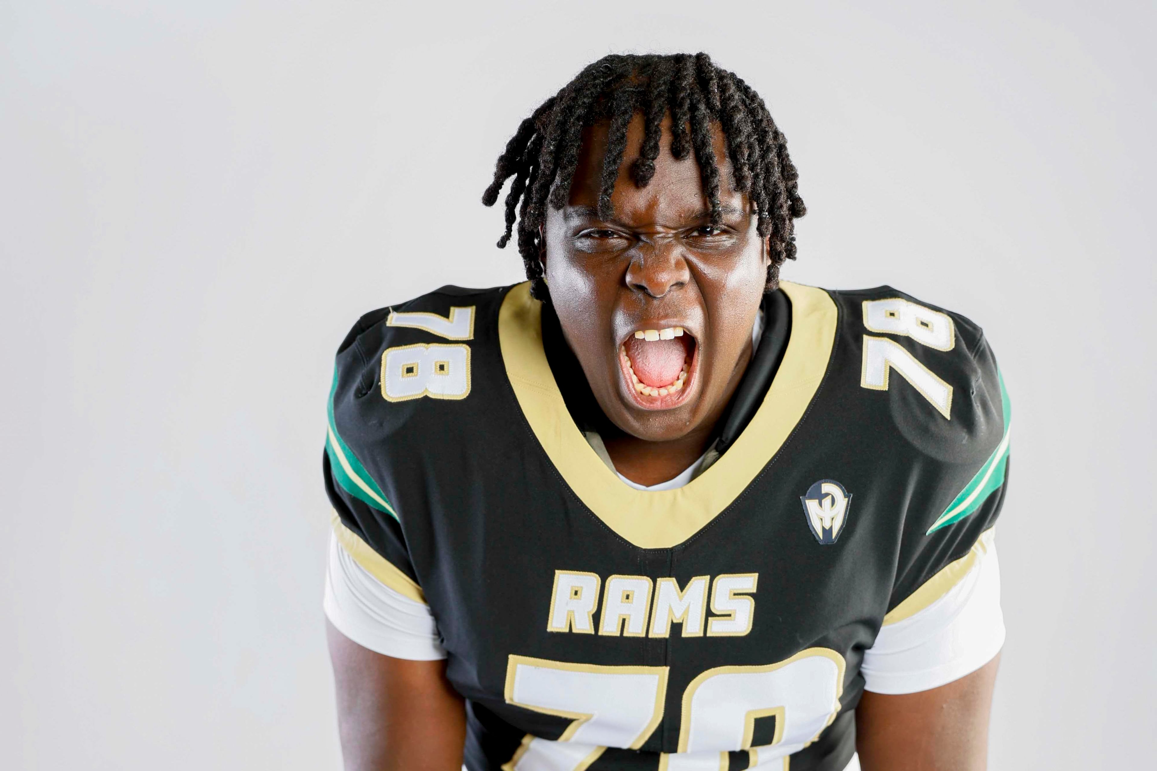 AJC Super 11 Grayson interior offensive lineman Jordan Agbanoma poses for a portrait at Grayson High School on Monday, July 8, 2026, in Loganville, Ga. Agbanoma committed to Nebraska. (Miguel Martinez/AJC)