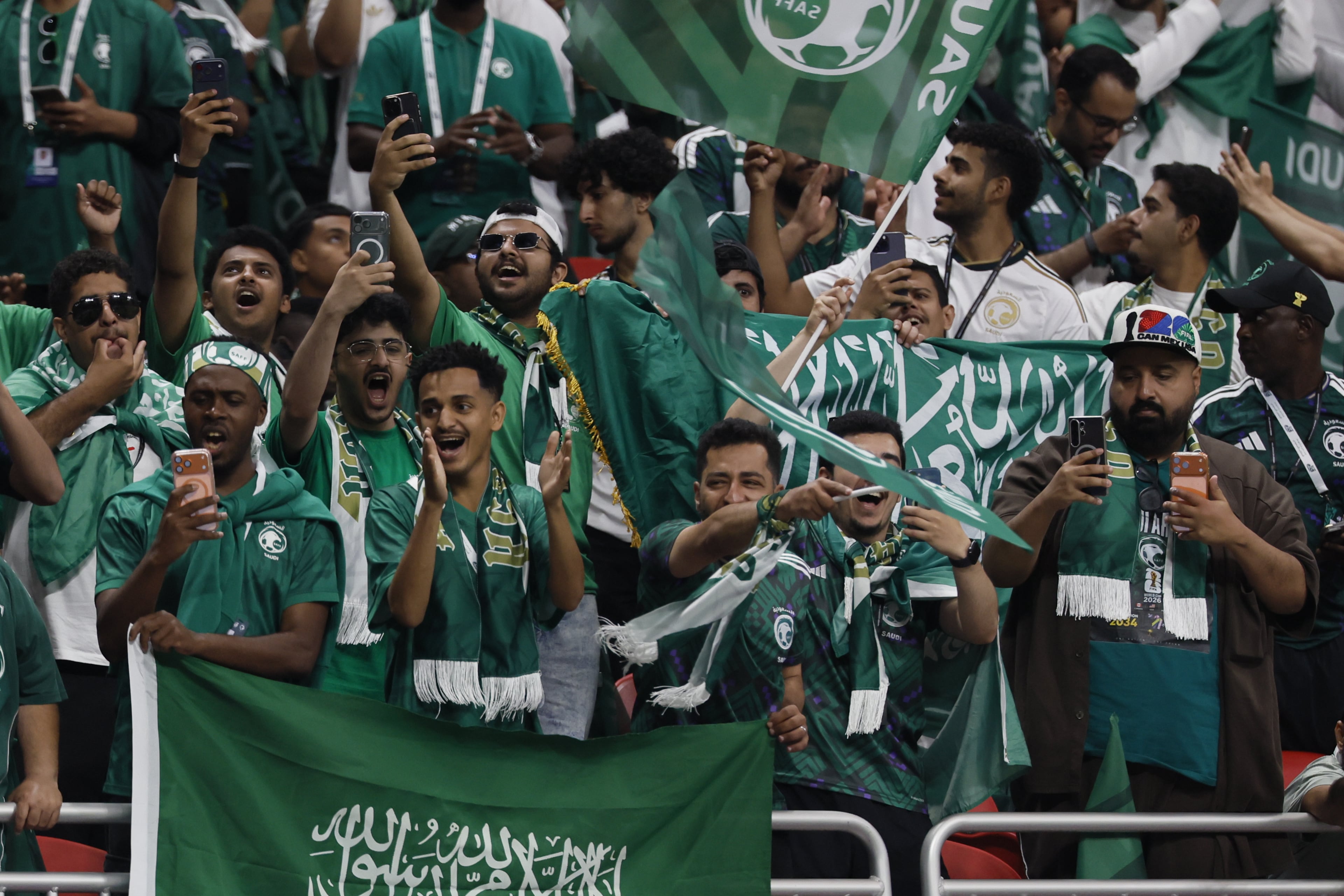Fans of Saudi Arabia get ready for the Spain vs. Saudi Arabia FIFA World Cup match Sunday, June 21, 2026, at Atlanta Stadium. (Miguel Martinez/AJC)