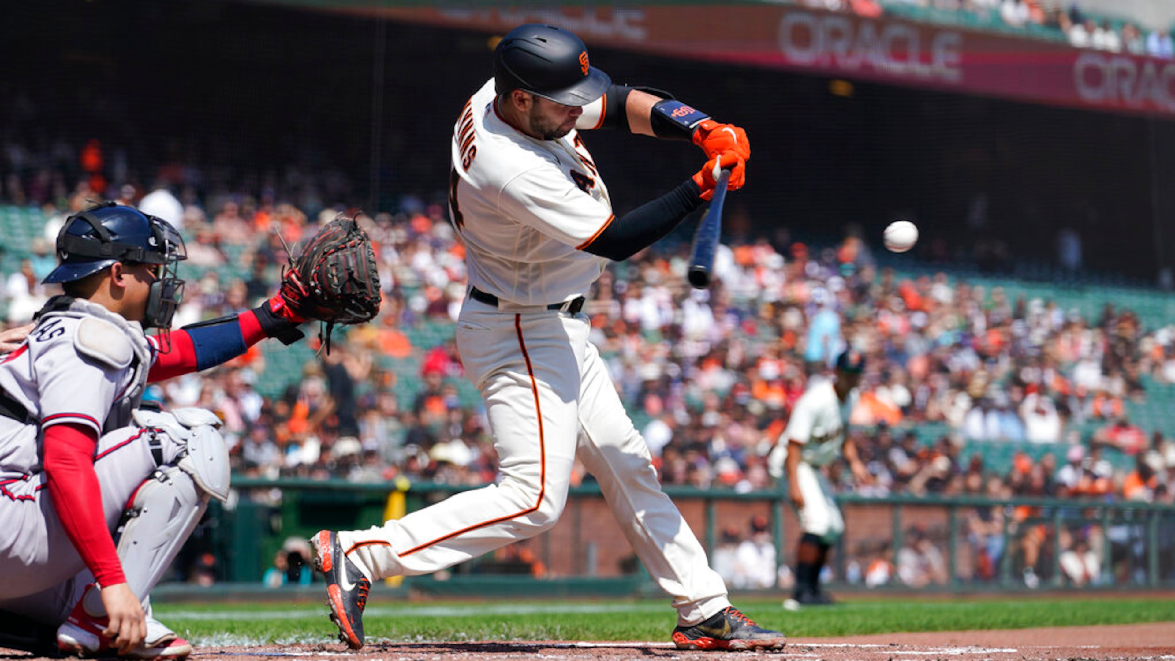 San Francisco Giants' Austin Wynns hits an RBI single against the Atlanta Braves during the second inning of a baseball game in San Francisco, Wednesday, Sept. 14, 2022. (Godofredo A. Vásquez/AP)