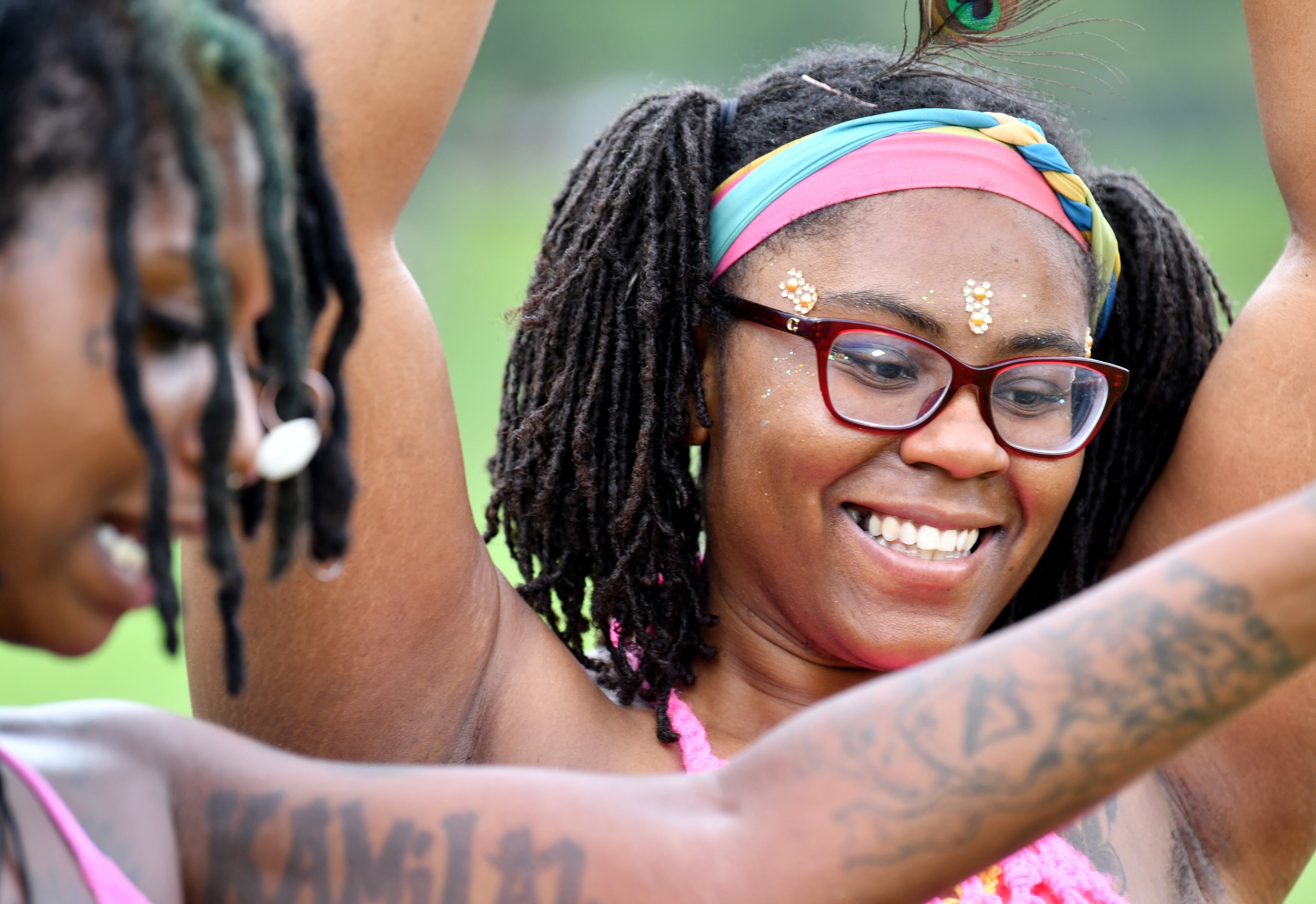 Leilani Battiste (left) and Nefertari Patterson dance during the 10 year anniversary of the BeREGGAE Music and Arts Festival at Piedmont Park, Saturday, August 12, 2023, in Atlanta. The 10th anniversary of the BeREGGAE Music and Arts Festival arrives August 11th -13th. BeREGGAE Festival was established in 2013 and has organically grown into one of the largest 3 DAY Reggae / Caribbean music festivals in the country and hosts thousands of families in free and safe environment. (Hyosub Shin / Hyosub.Shin@ajc.com)