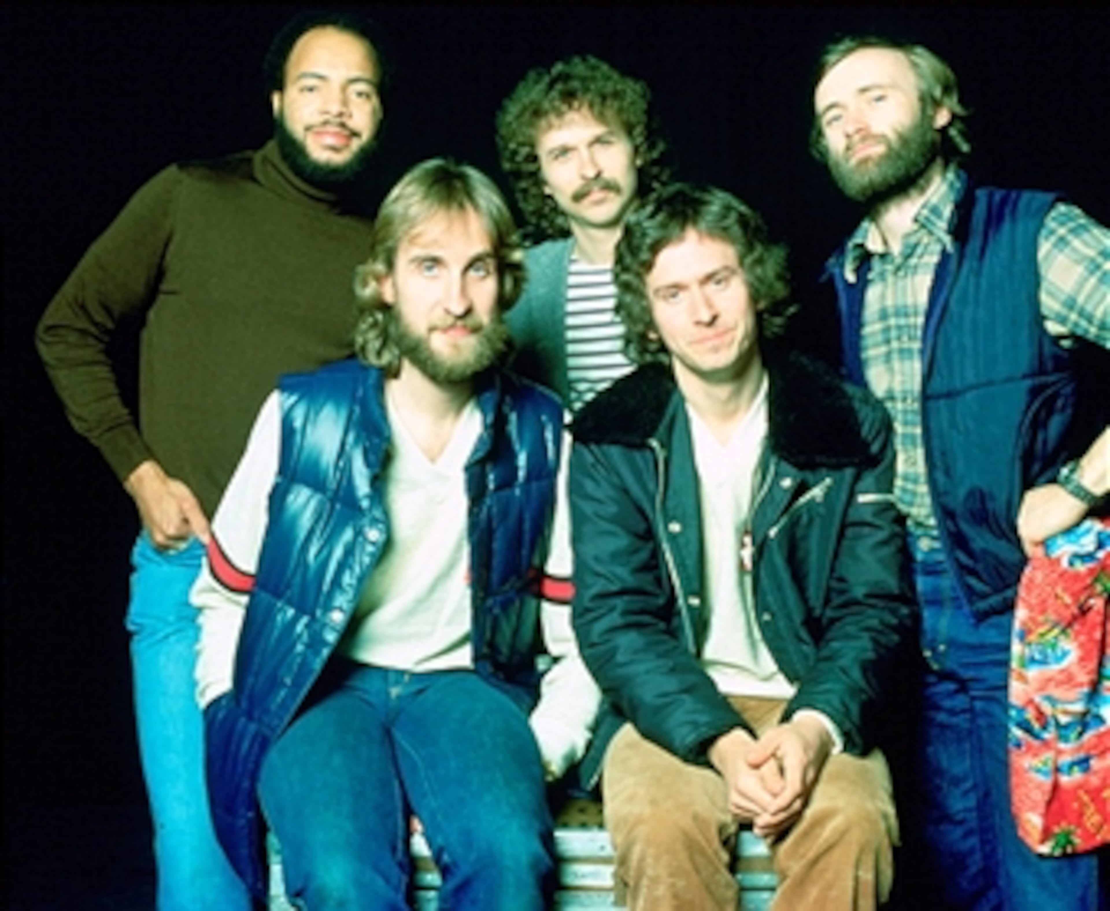 Genesis, studio group portrait, New York, 1978, L-R Chester Thompson, Mike Rutherford, Daryl Stuermer, Tony Banks, Phil Collins. (Photo by Michael Putland/Getty Images)