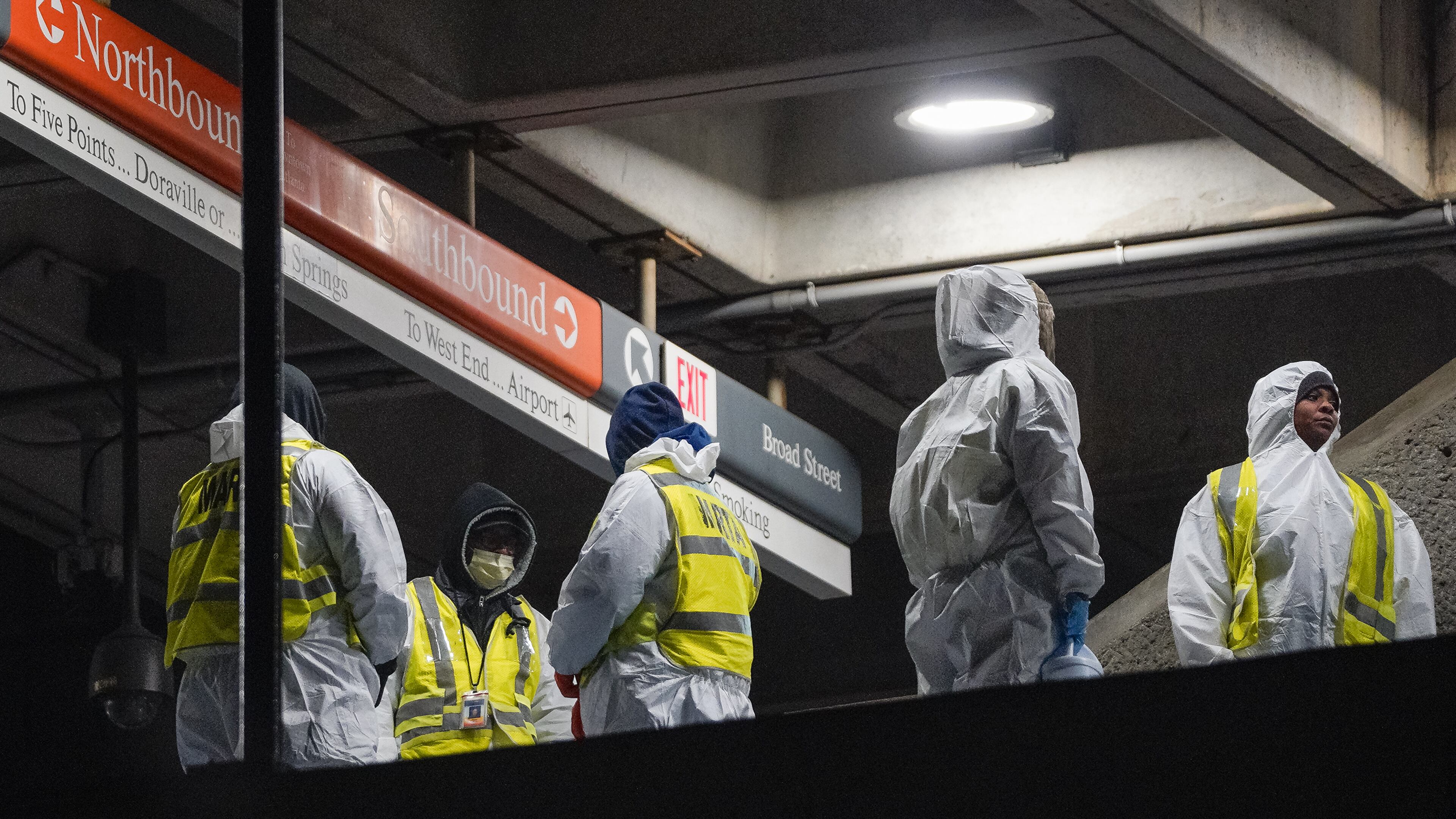 MARTA workers respond after an "emergency situation" at the Garnett station in downtown Atlanta on Friday morning. (Ben Hendren for the Atlanta Journal-Constitution)