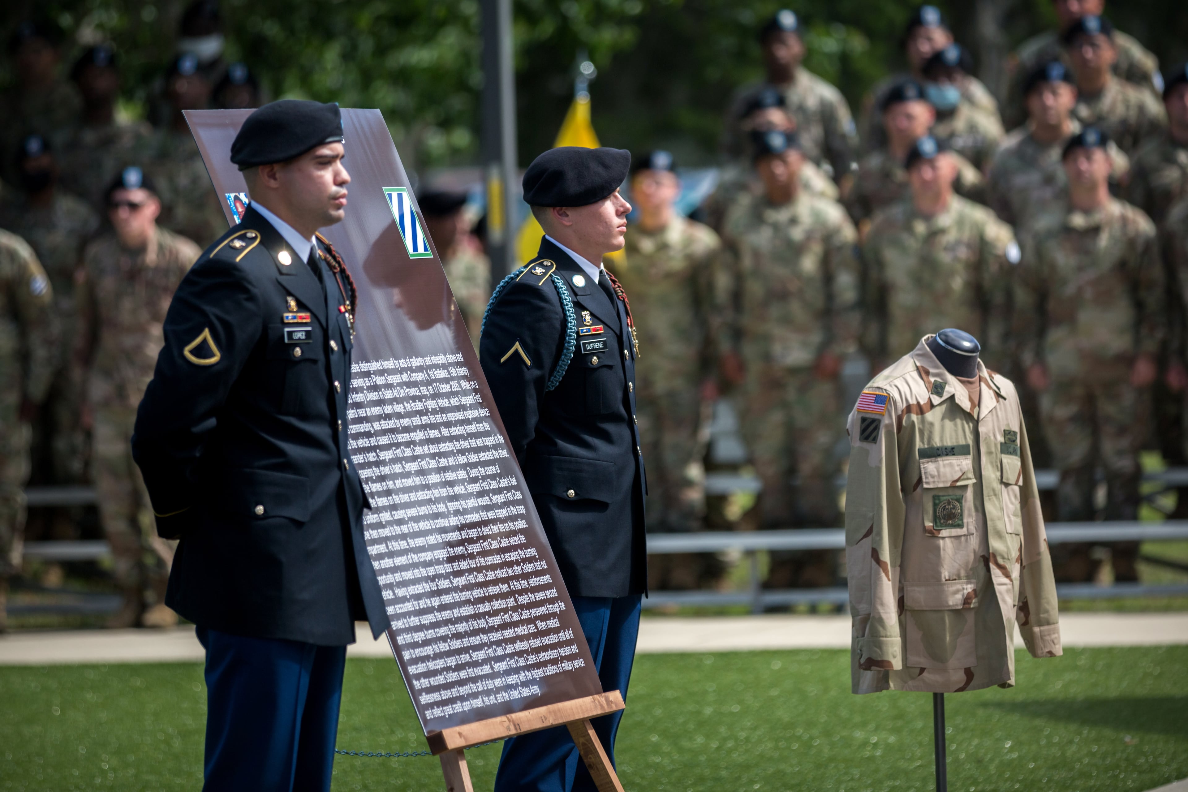 FT. STEWART, GA - MAY 20, 2021: A group of third Infantry Division soldier stand at attention during a ceremony to Sergeant First Class Alwyn Cashe. (AJC Photo/Stephen B. Morton)