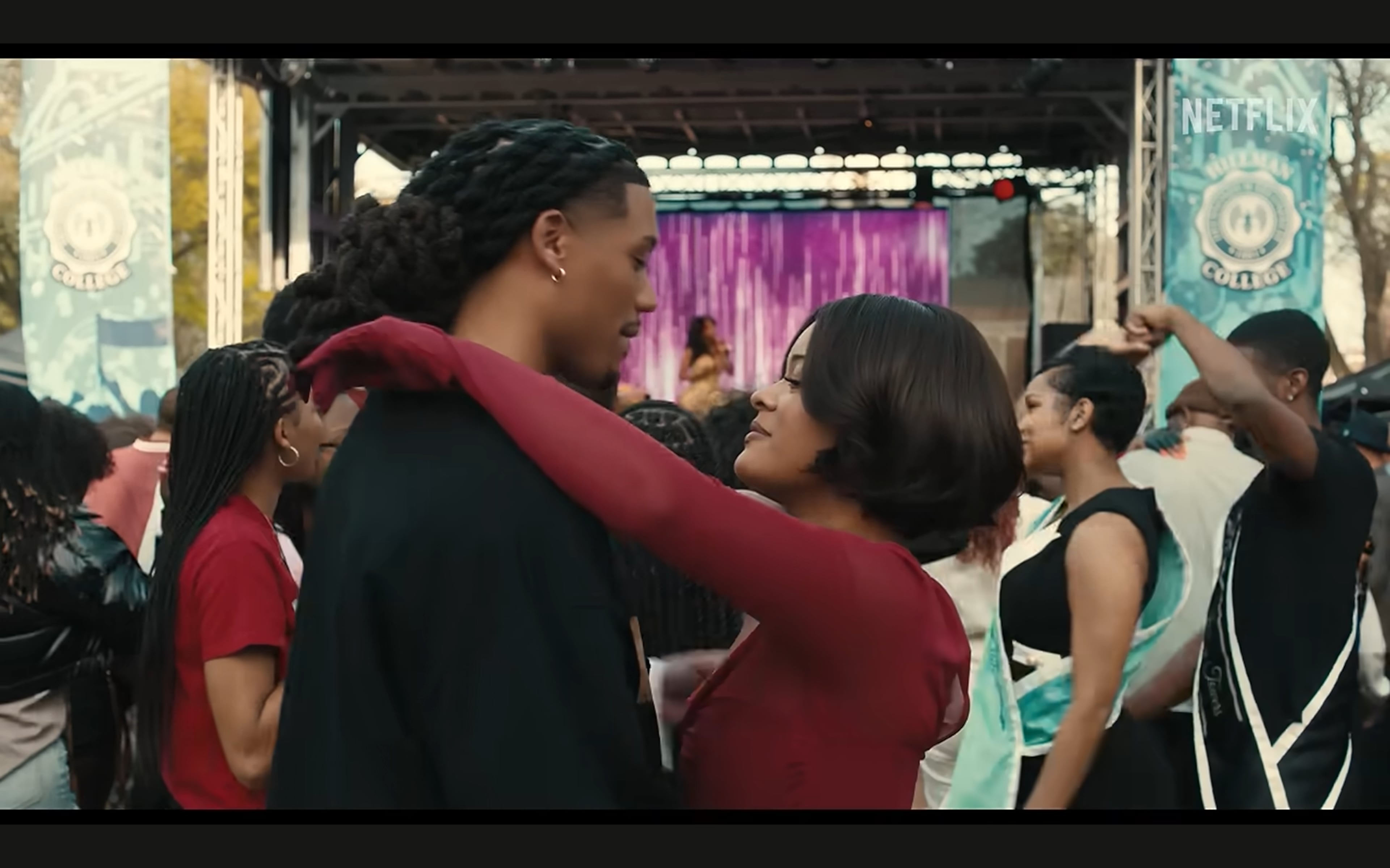 Cornell Young IV and Maleah Joi Moon are two of the new generation of students in the Netflix reboot of "A Different World." This scene, shot in March 2026, was on Century Campus of Morehouse College at a fictional Hillman College Friday Fest homecoming event. (Netflix)