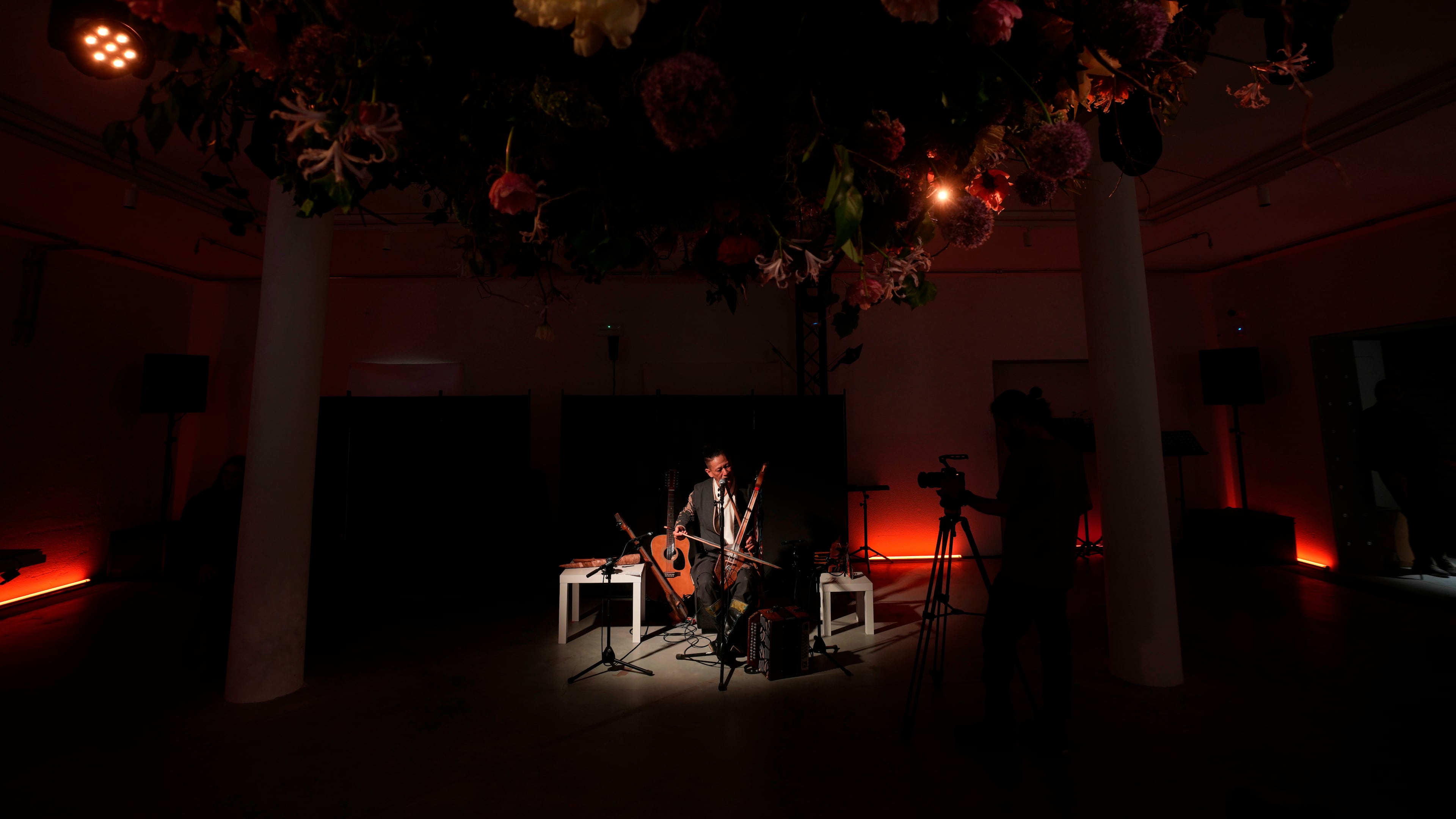 Musician Alexey Khovalyg performs inside the Russia pavilion at the Venice 2026 Biennale Art, Italy, Tuesday, May 5, 2026. (AP Photo/Luca Bruno)