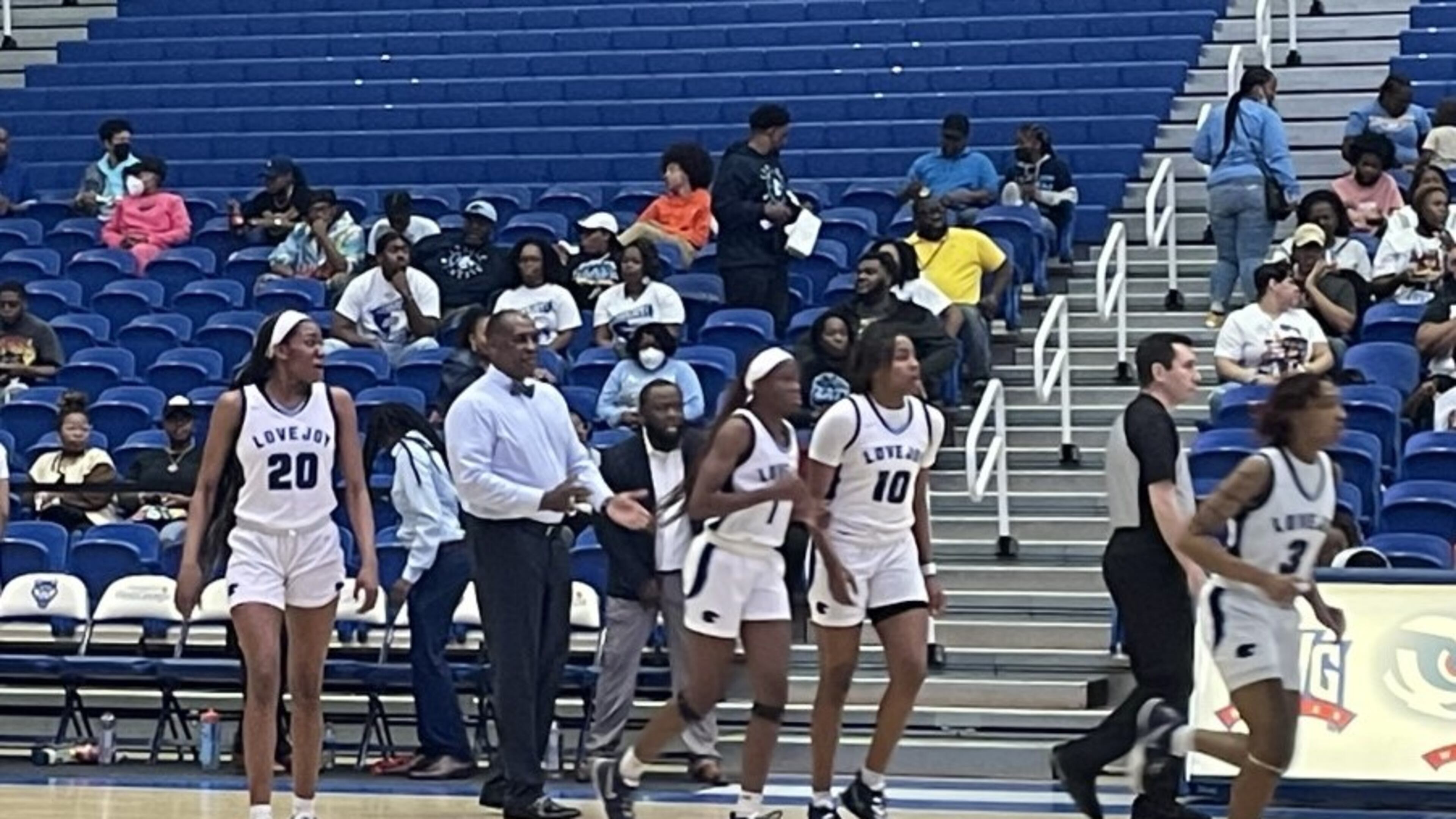 Lovejoy players return to the court after a timeout during their 71-56 victory over Rockdale County in the Class 6A girls semifinals Saturday, March 5, 2022, at the University of West Georgia.