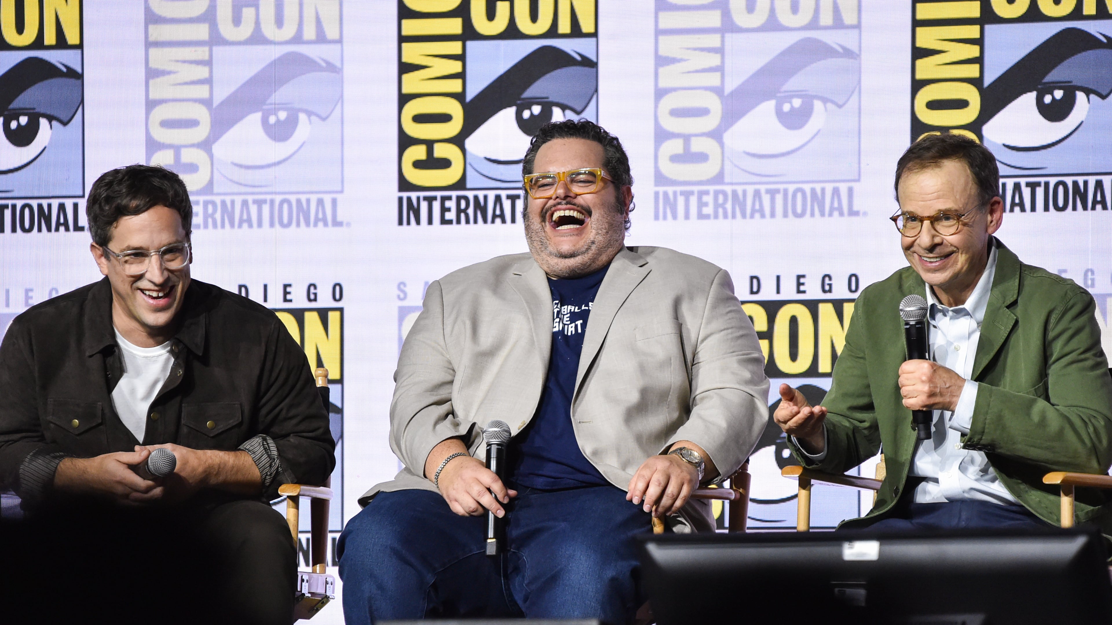 Josh Greenbaum, from left, Josh Gad, and Rick Moranis attend a panel for "Spaceballs: The New One" during Comic-Con International on Friday, July 24, 2026, in San Diego. (Photo by Richard Shotwell/Invision/AP)