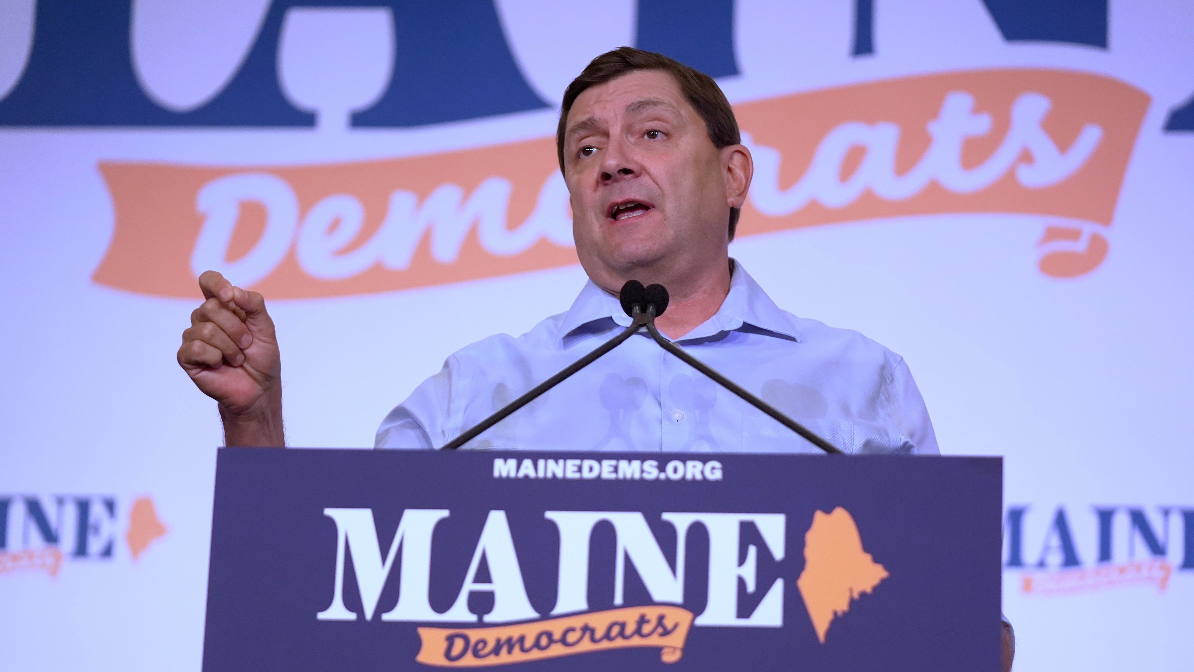 Troy Jackson, Democratic candidate for U.S. Senate, speaks at the Maine Democratic Nominating Convention, Saturday, July 25, 2026, in Bangor, Maine. (AP Photo/Robert F. Bukaty)