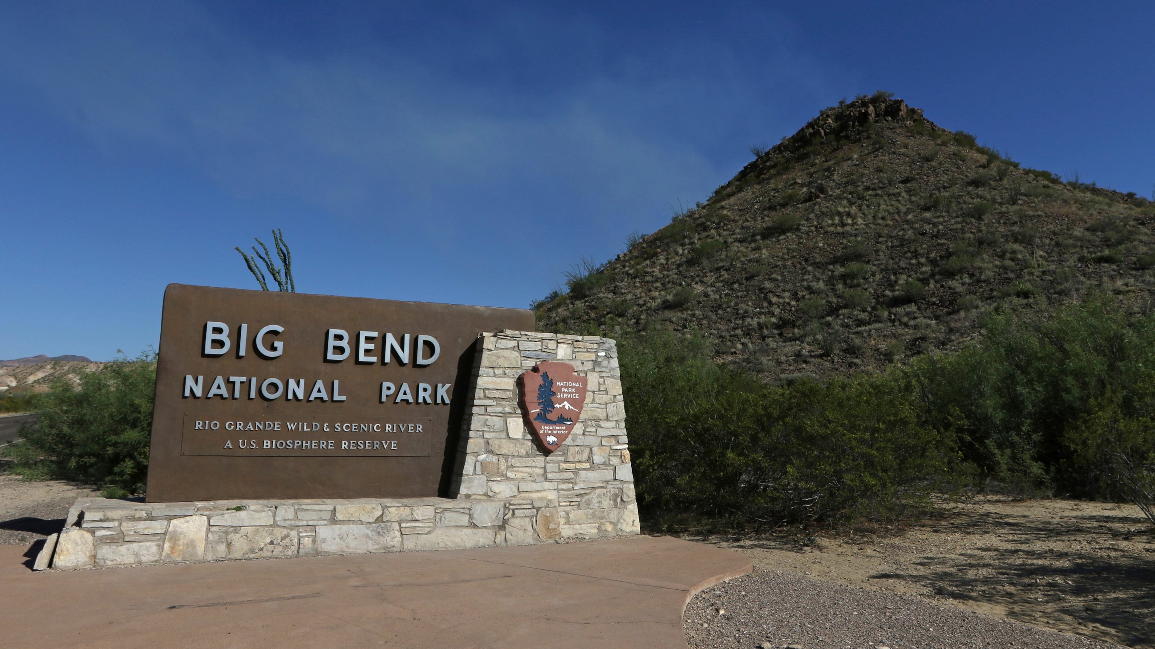 FILE - A Big Bend National Park sign at the west side entrance near Maverick Junction, May 24, 2019, in Big Bend National Park in Texas. (Jacob Ford/Odessa American via AP)