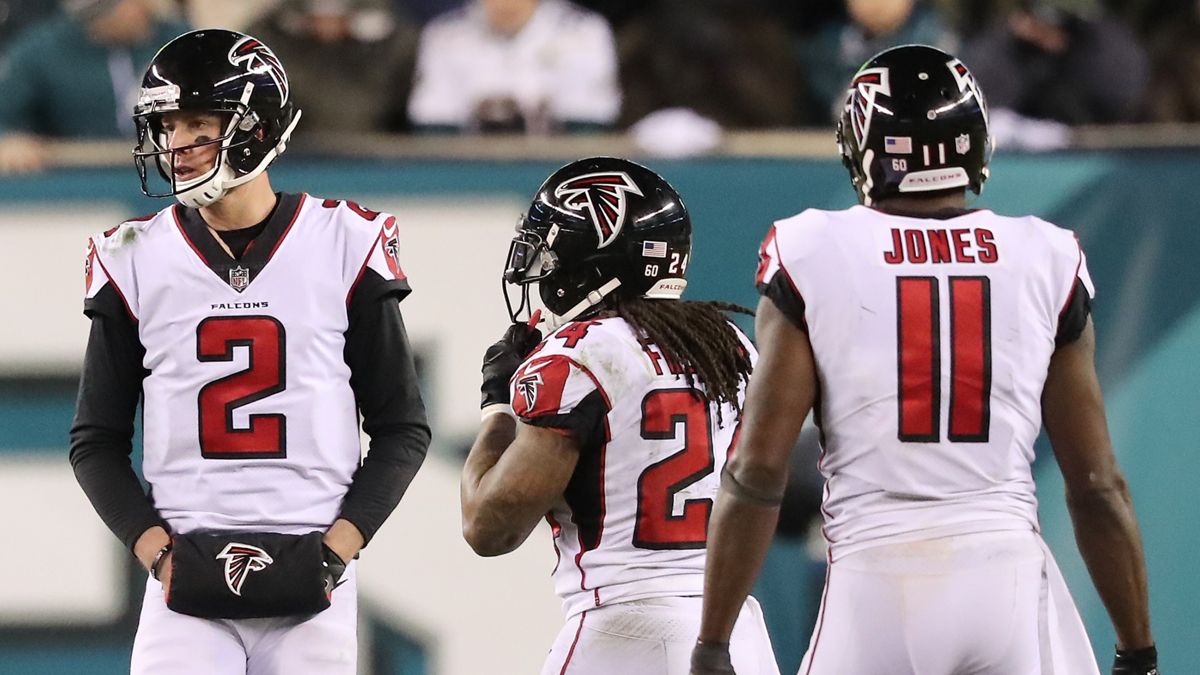 Matt Ryan, Devonta Freeman, and Julio Jones (seen here playing in Philadelphia back in January) will practice in one of their few open-to-the-public training camp sessions on Monday morning. Curtis Compton/ccompton@ajc.com