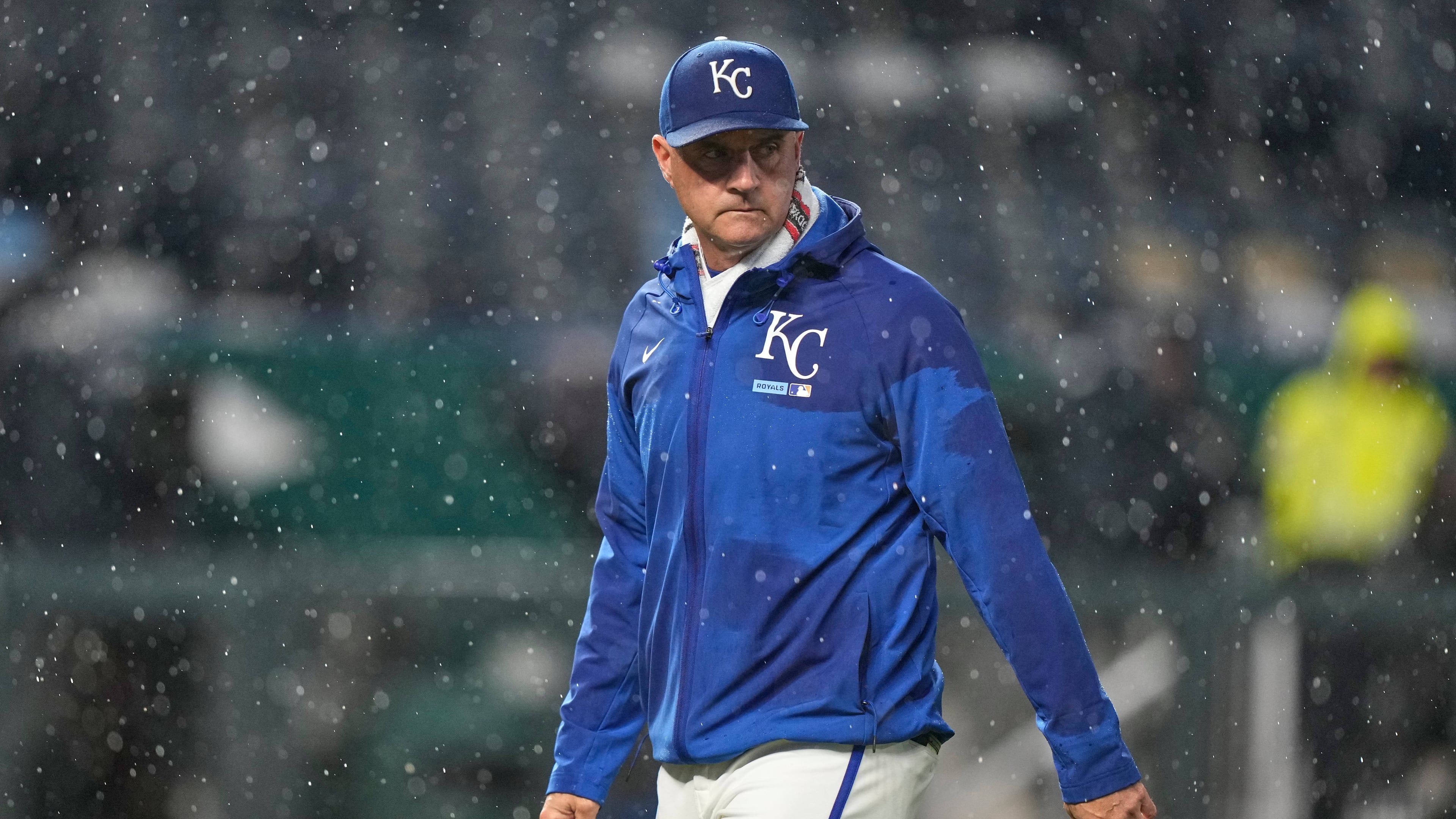 Kansas City manager Matt Quatraro walks to the dugout after making a pitching change during the ninth inning of a baseball game against the Minnesota Twins, Wednesday, April 1, 2026, in Kansas City, Mo. (AP Photo/Charlie Riedel)