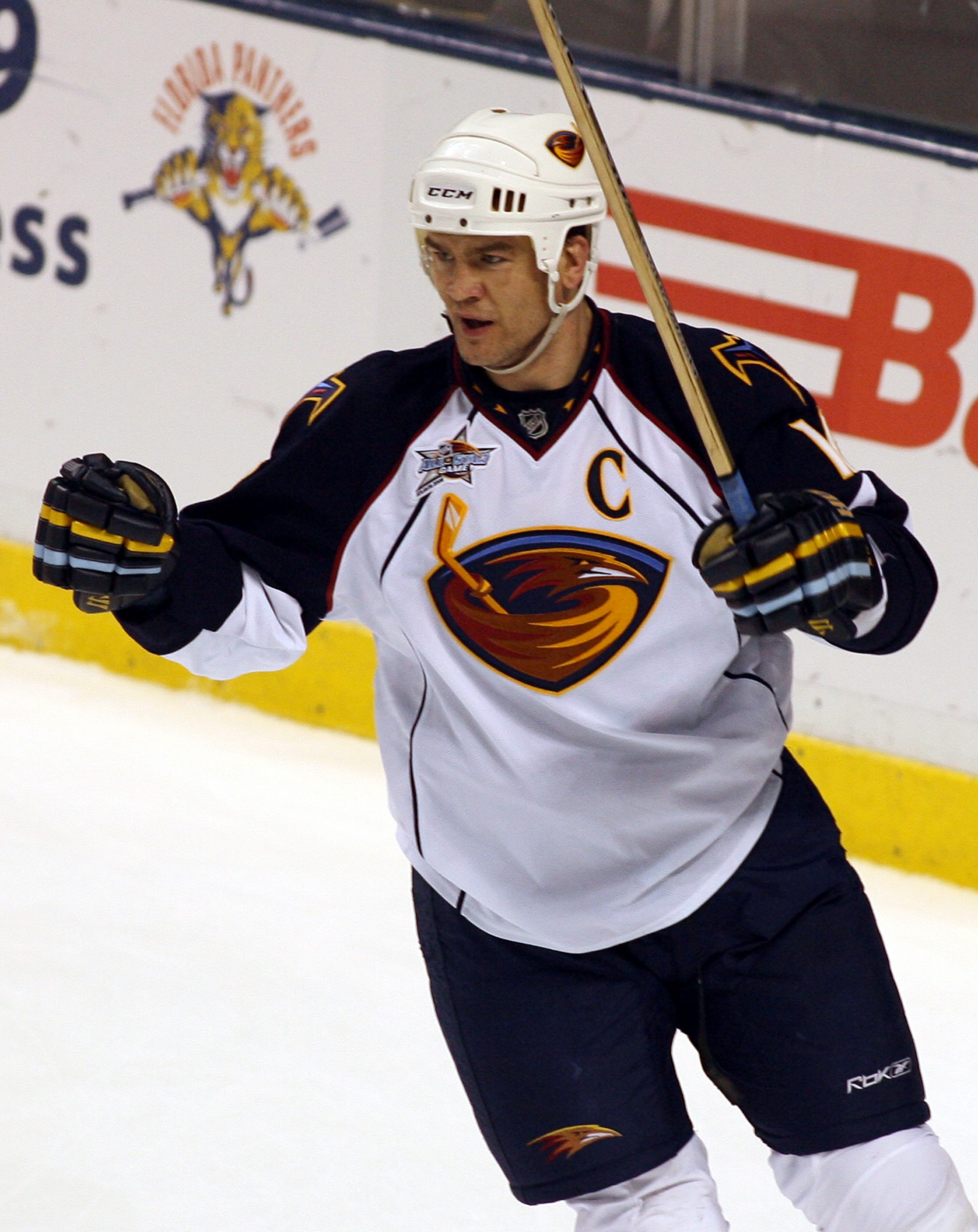 Atlanta Thrashers' Bobby Holik, of the Czech Republic, reacts after scoring a goal against the Florida Panthers during the first period of an NHL hockey game Thursday, March 27, 2008 in Sunrise, Fla. (AP Photo/Luis M. Alvarez)