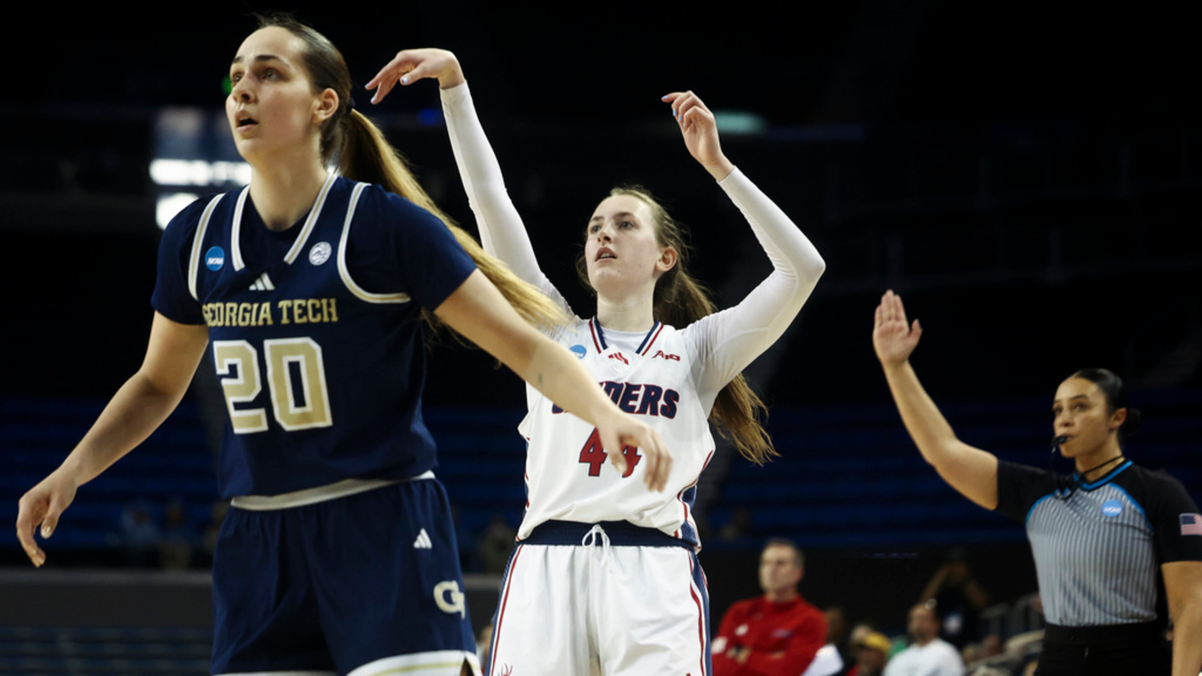 Richmond forward Maggie Doogan (44) looks on after shooting as Georgia Tech center Ariadna Termis (20) watches during the first half in the first round of the NCAA college basketball tournament, Friday, March 21, 2025, in Los Angeles. (AP Photo/Jessie Alcheh)