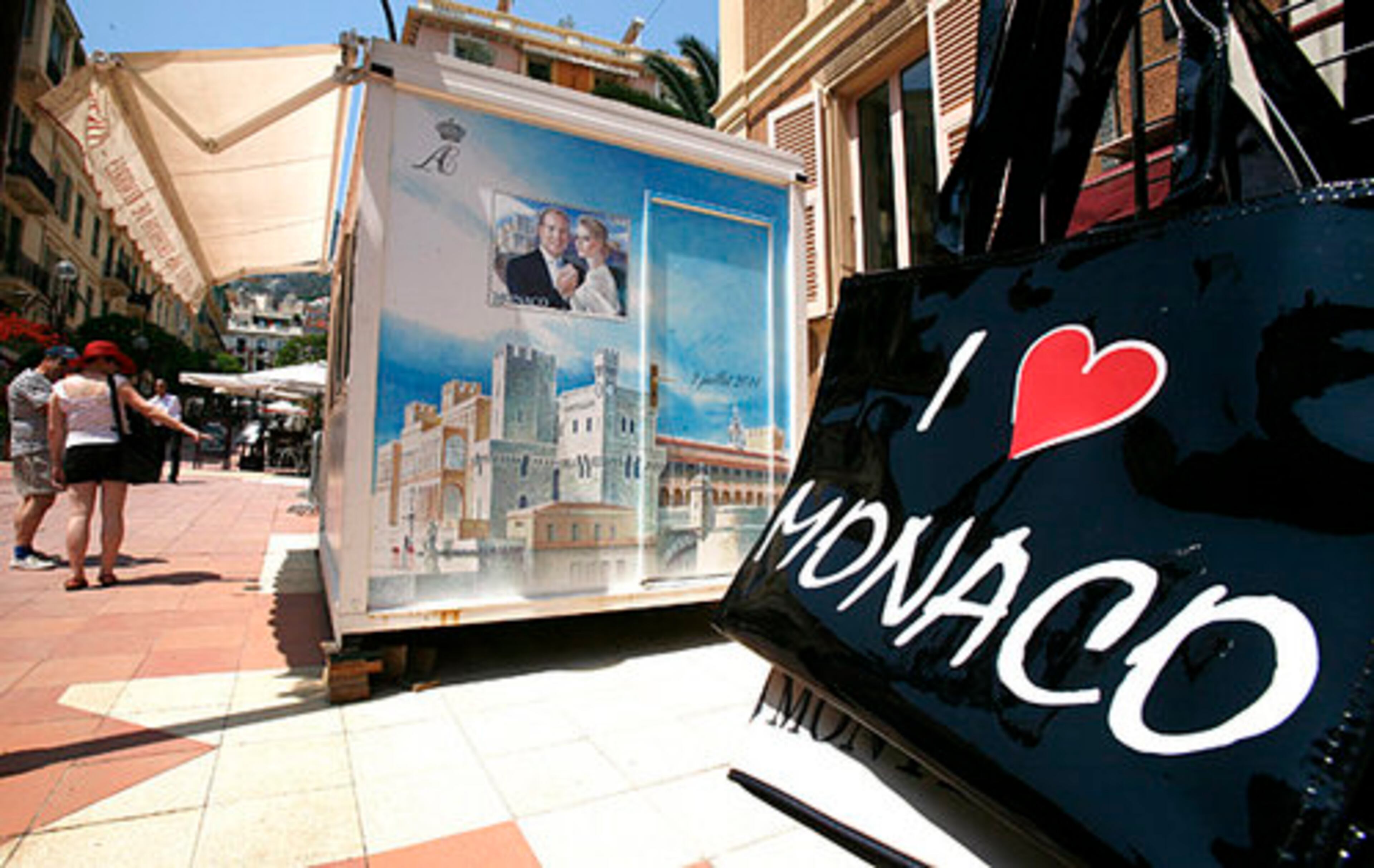 A commemorative stamp that will be issued by the Monaco stamp office to mark the wedding is seen on the wall of a stamp official shop.