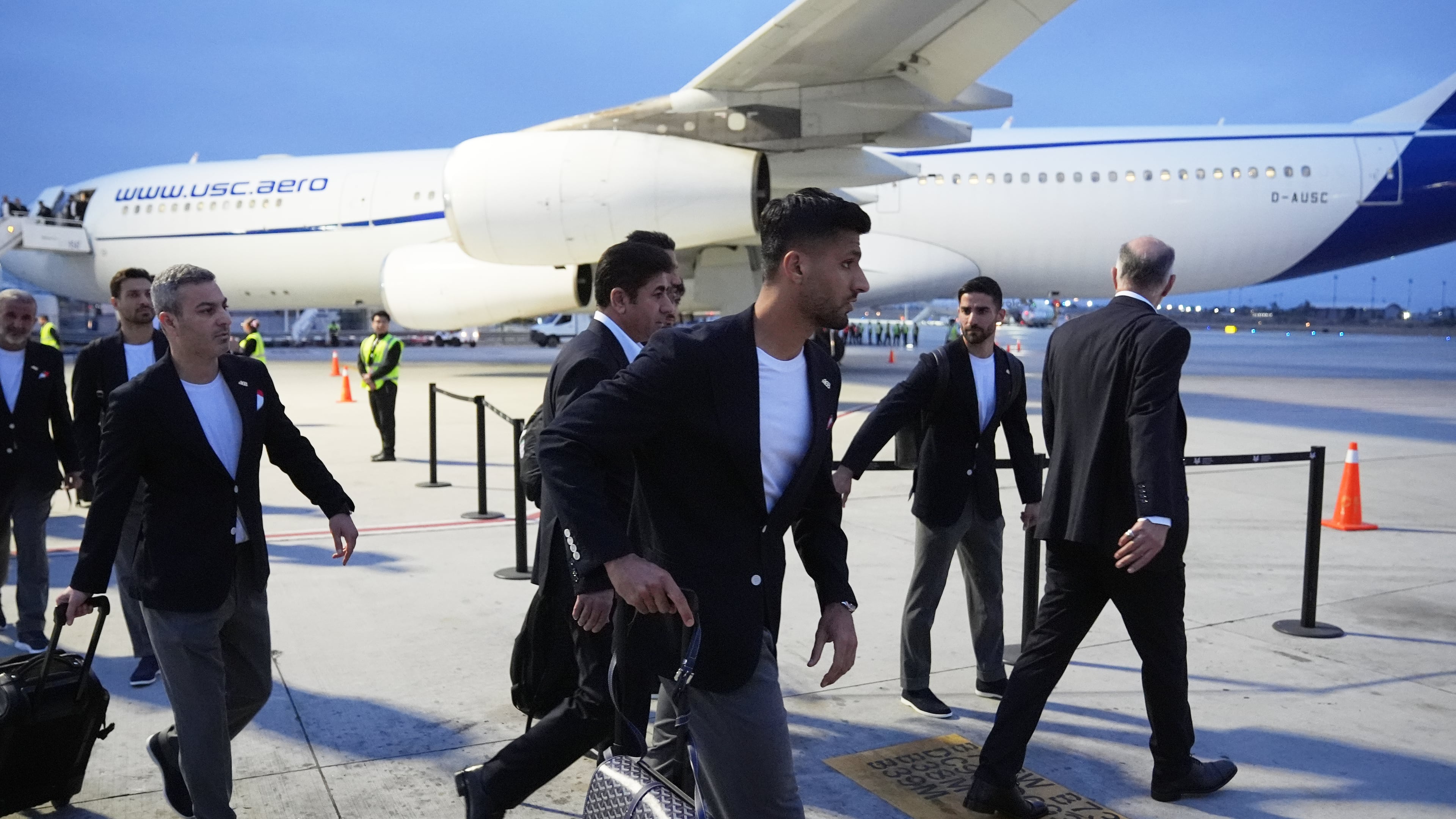 Players for Iran arrive for the World Cup soccer tournament in Tijuana, Mexico, Sunday, June 7, 2026. (AP Photo/Gregory Bull)