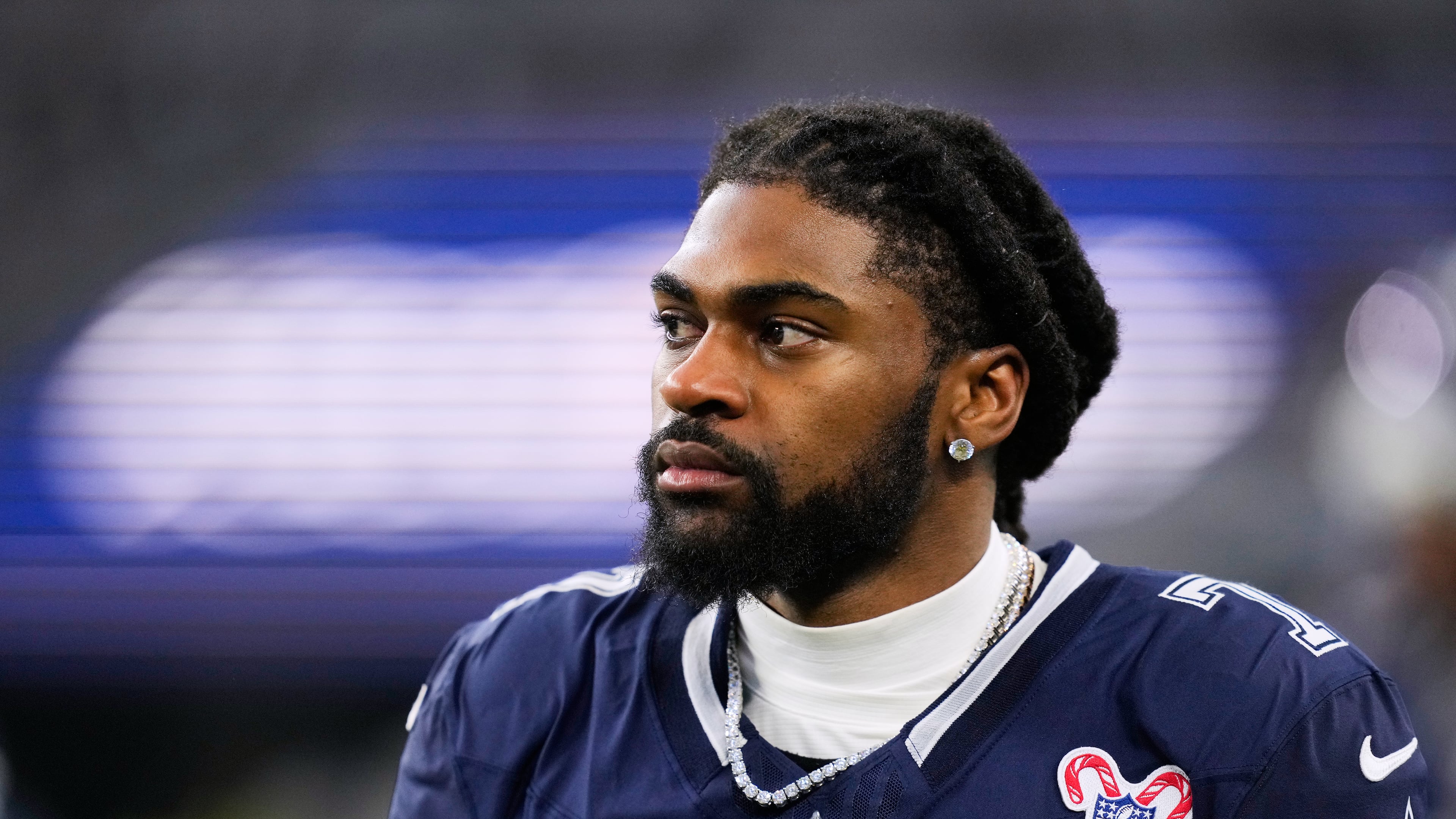 FILE - Dallas Cowboys cornerback Trevon Diggs (7) walks along the sideline during the first half of an NFL football game against the Los Angeles Chargers, Dec. 21, 2025, in Arlington, Texas. (AP Photo/Tony Gutierrez, File)