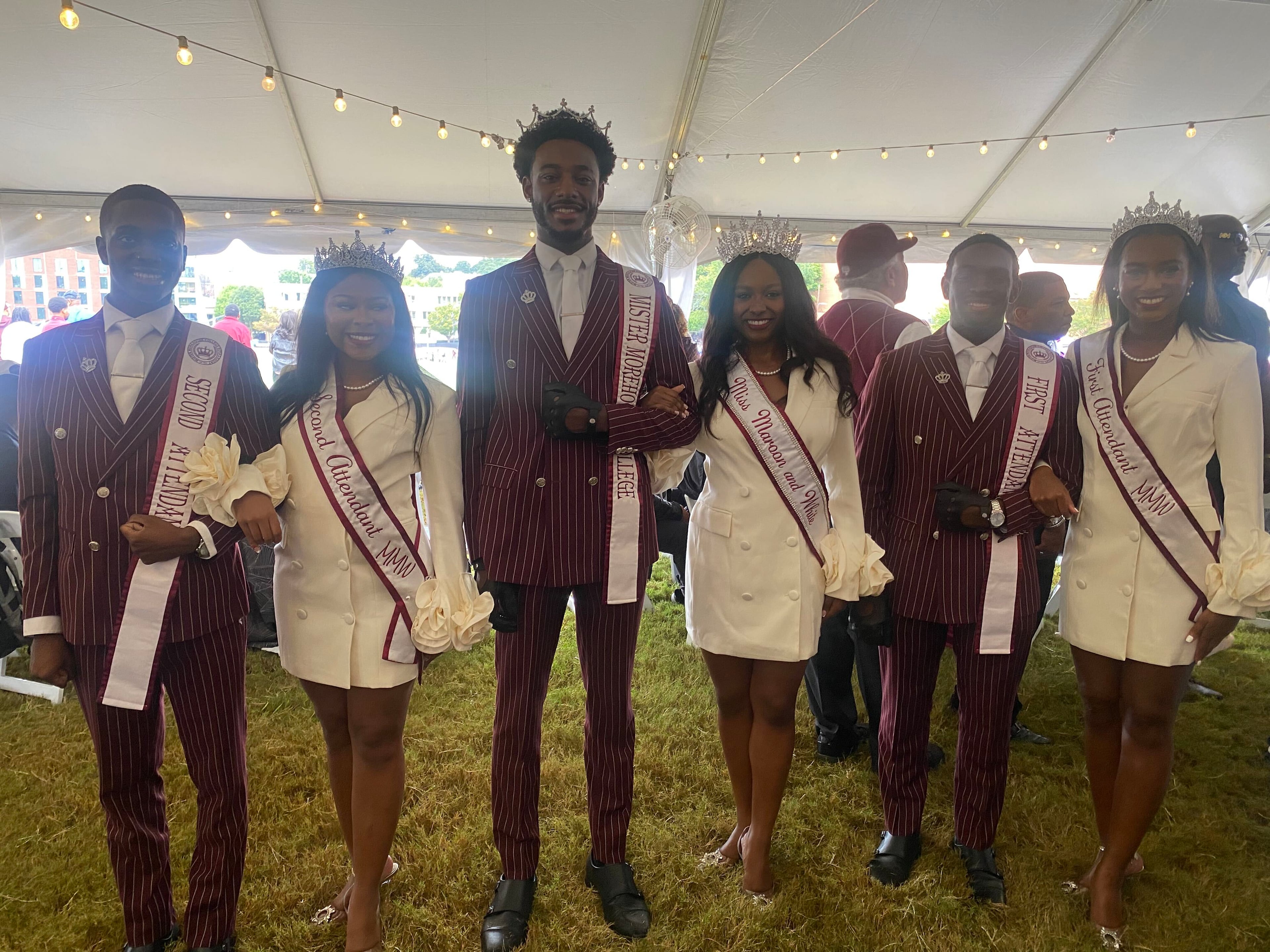 Royal courts of Mister Morehouse College and Miss Maroon and White at SpelHouse homecoming. (Brooke Leigh Howard/AJC)