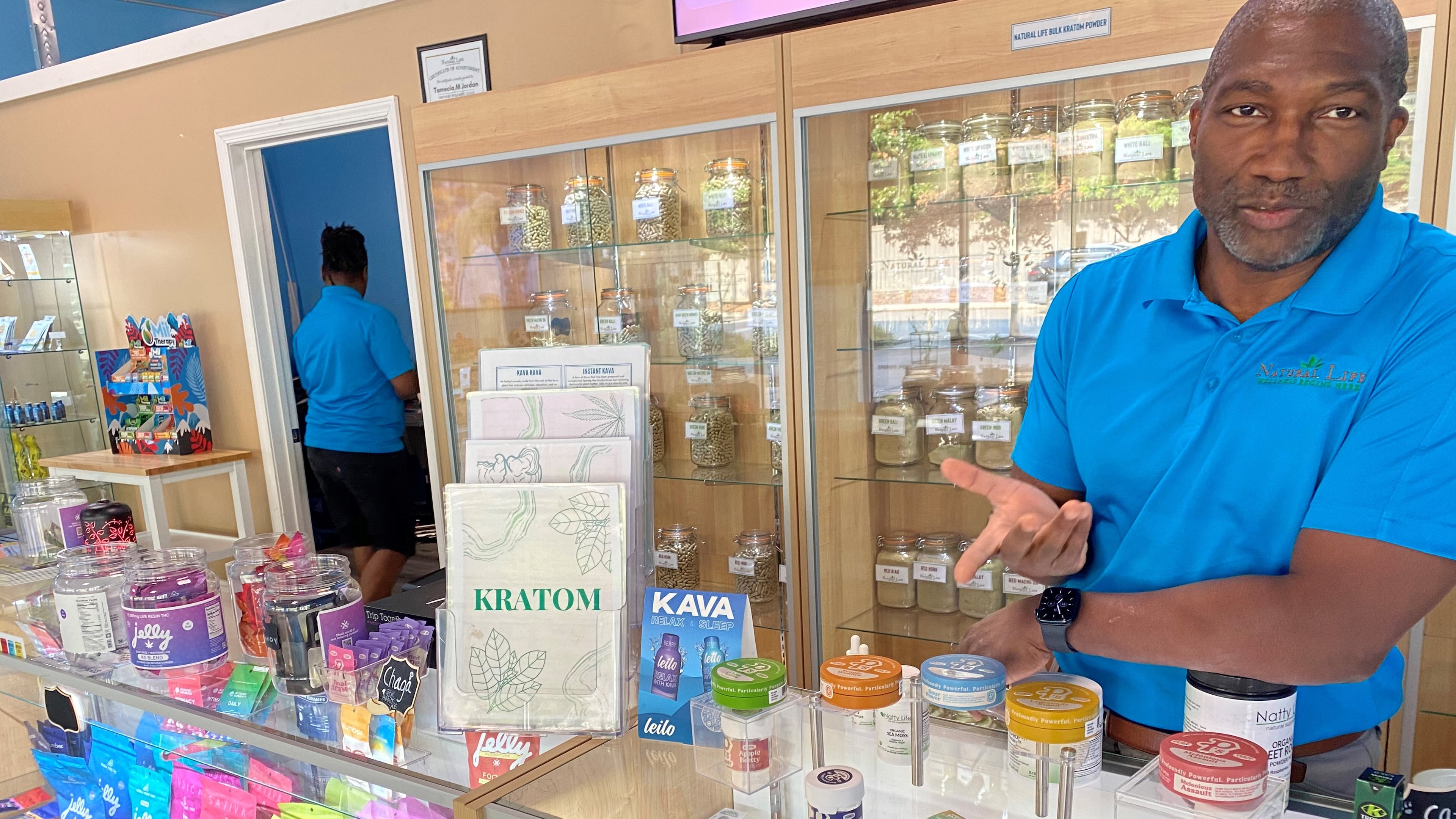 Dave Alford is shown here at the Natural Life franchise he owns in East Atlanta, which sells products with extracts such as CBD, kratom and mushrooms. Alford believes that having the franchise gives him and his customers a more secure feeling about the products on offer, since the Natural Life company does some of its own vetting.
The shop sells some products from the company Prophet Premium Blends, but not Prophet's Diamond Shruumz candies, Alford said. Diamond Shruumz products have been linked to sicknesses and hospitalizations and have been recalled for safety reasons. (Photo by Ariel Hart / ahart@ajc.com)