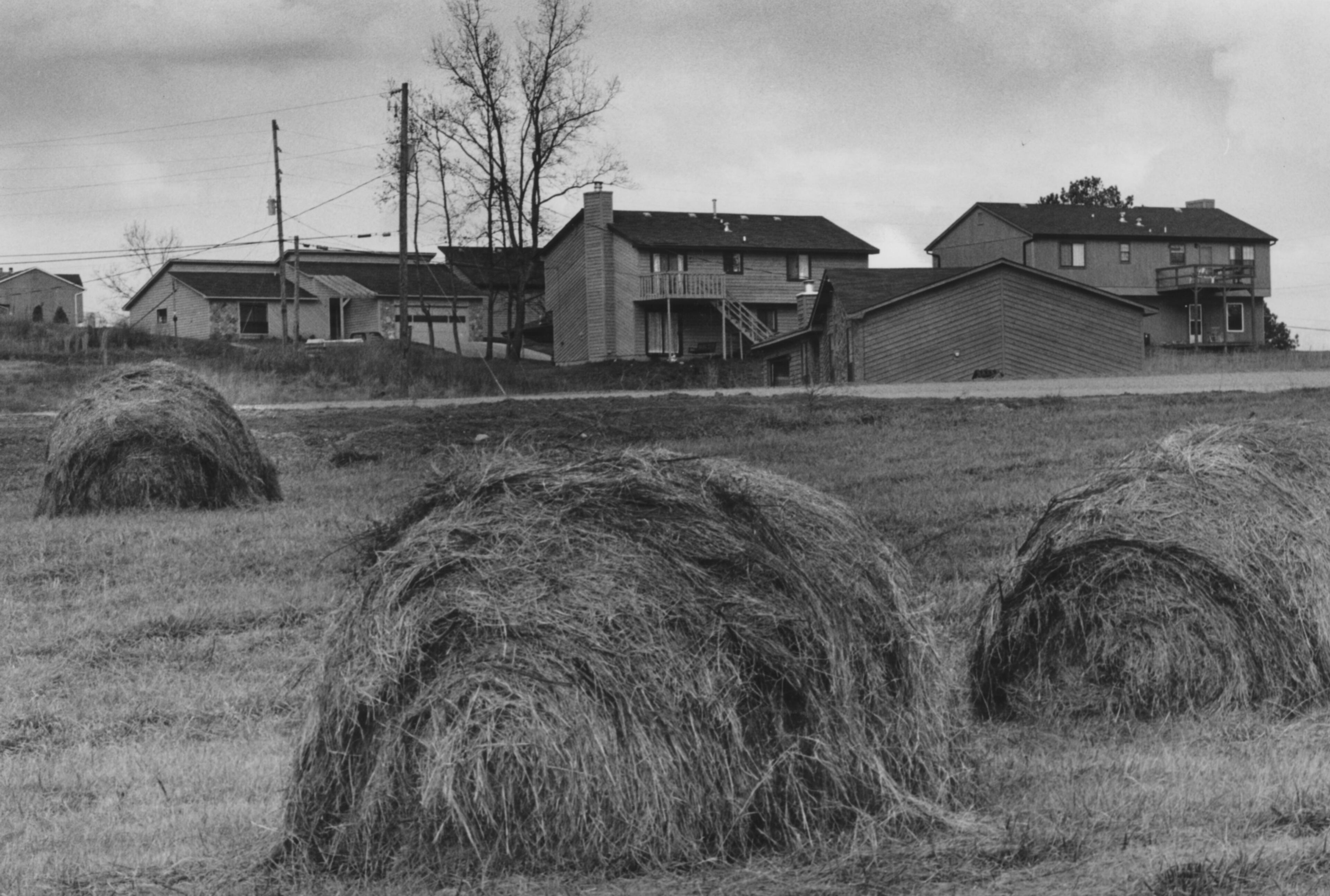 Changing landscape in Gwinnett County - New homes rise above pasture land covered with bales of hay on Old Norcross-Tucker Road. (BILL MAHAN/AJC staff) 1985