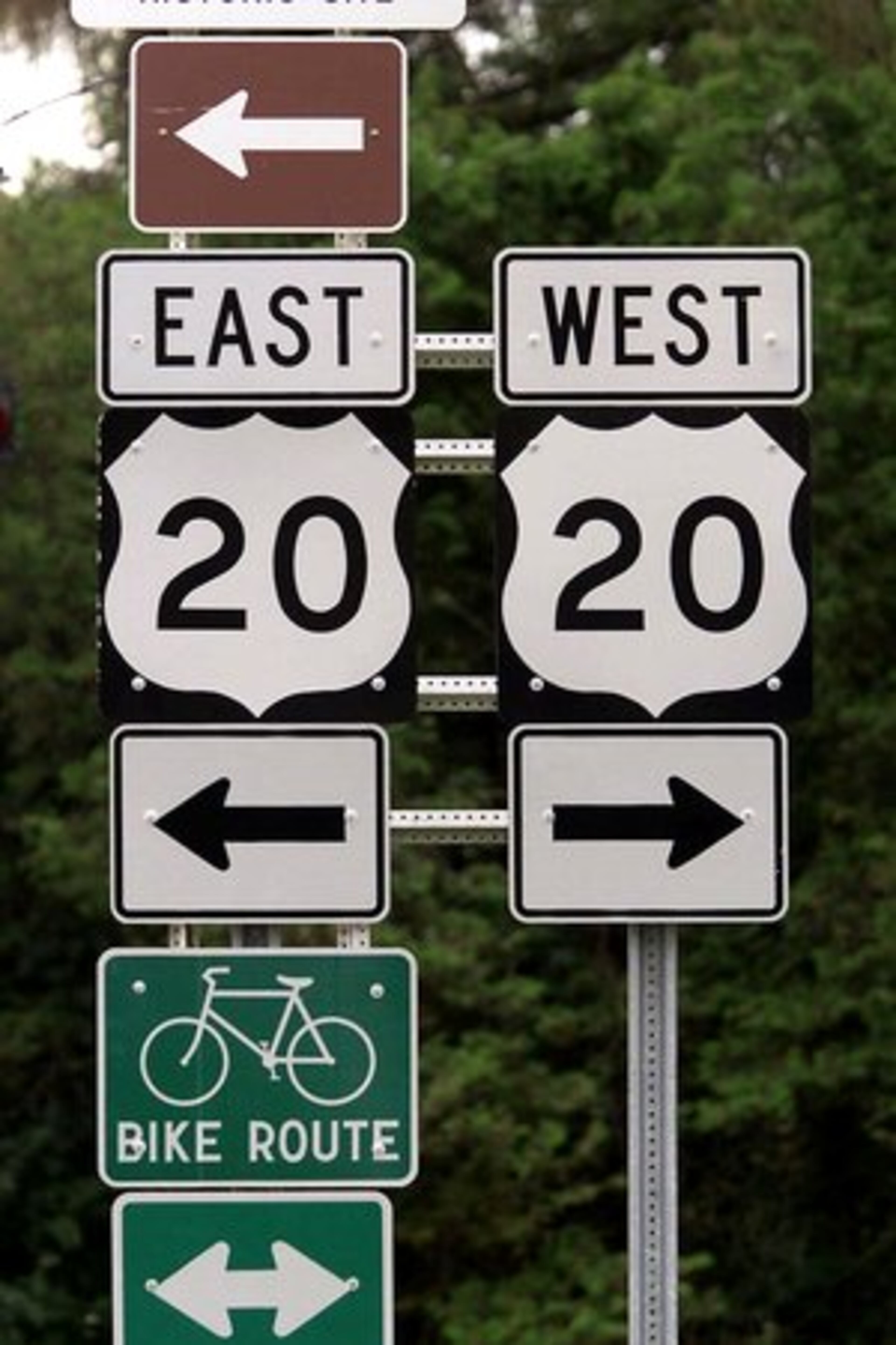 U.S. Route 20 road signs are seen near Cazenovia, N.Y.
