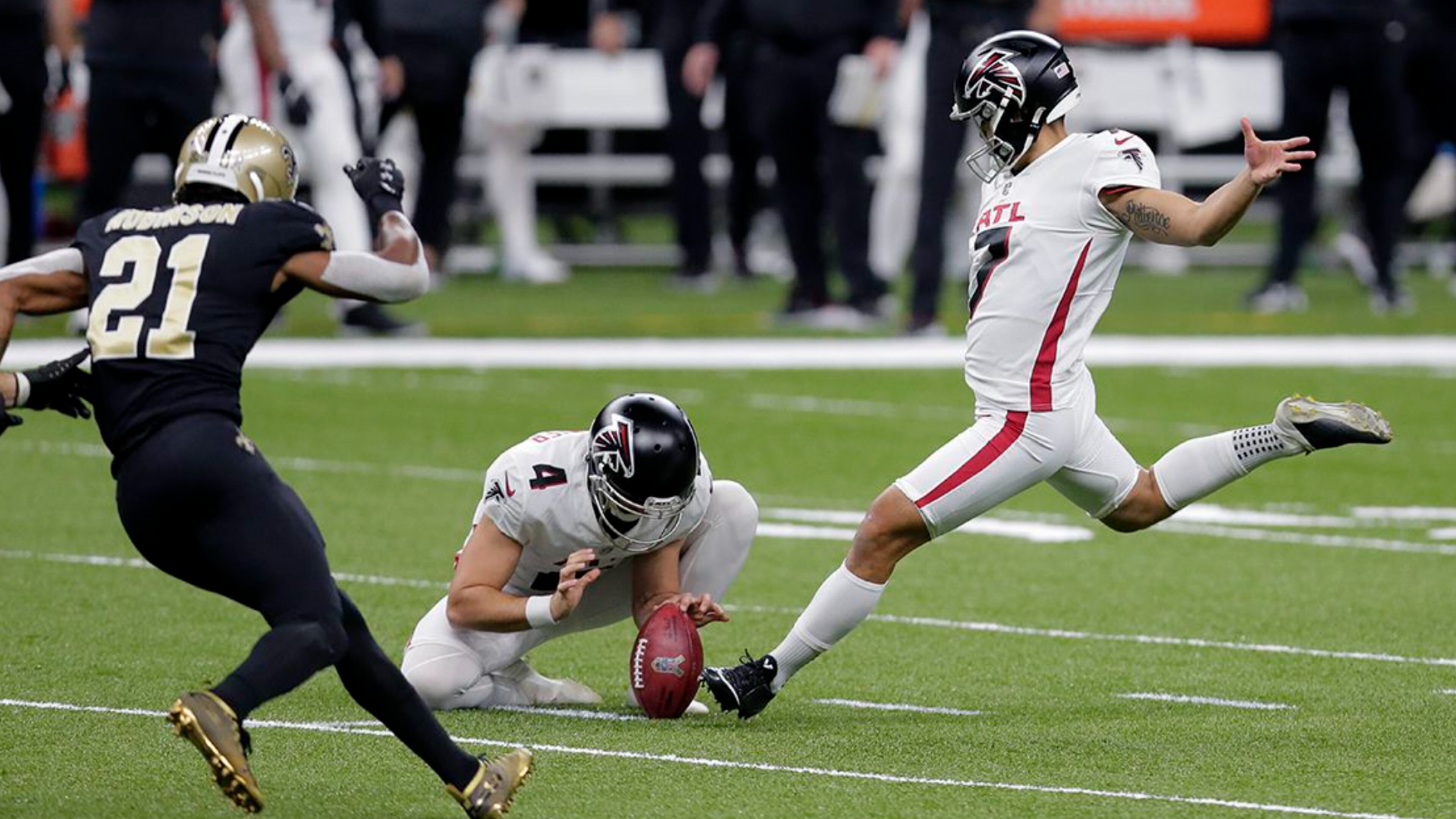 Falcons kicker Younghoe Koo (7) kicks a field goal in the first half against the Saints Sunday, Nov. 22, 2020, in New Orleans. (Brett Duke/AP)