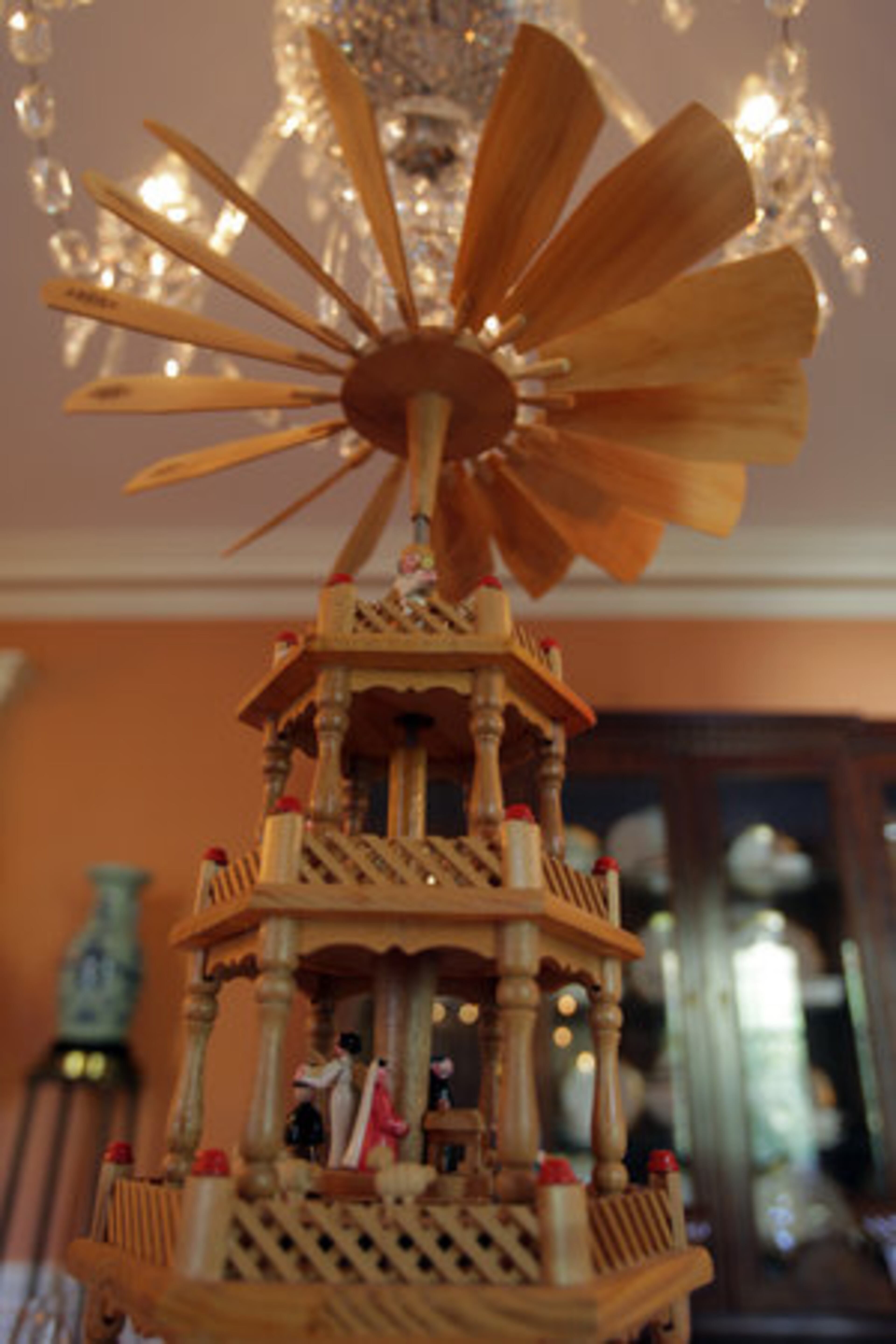 The men like to incorporate family heirlooms into their tablescapes, such as this antique German candle carousel from Pritchard's family.
