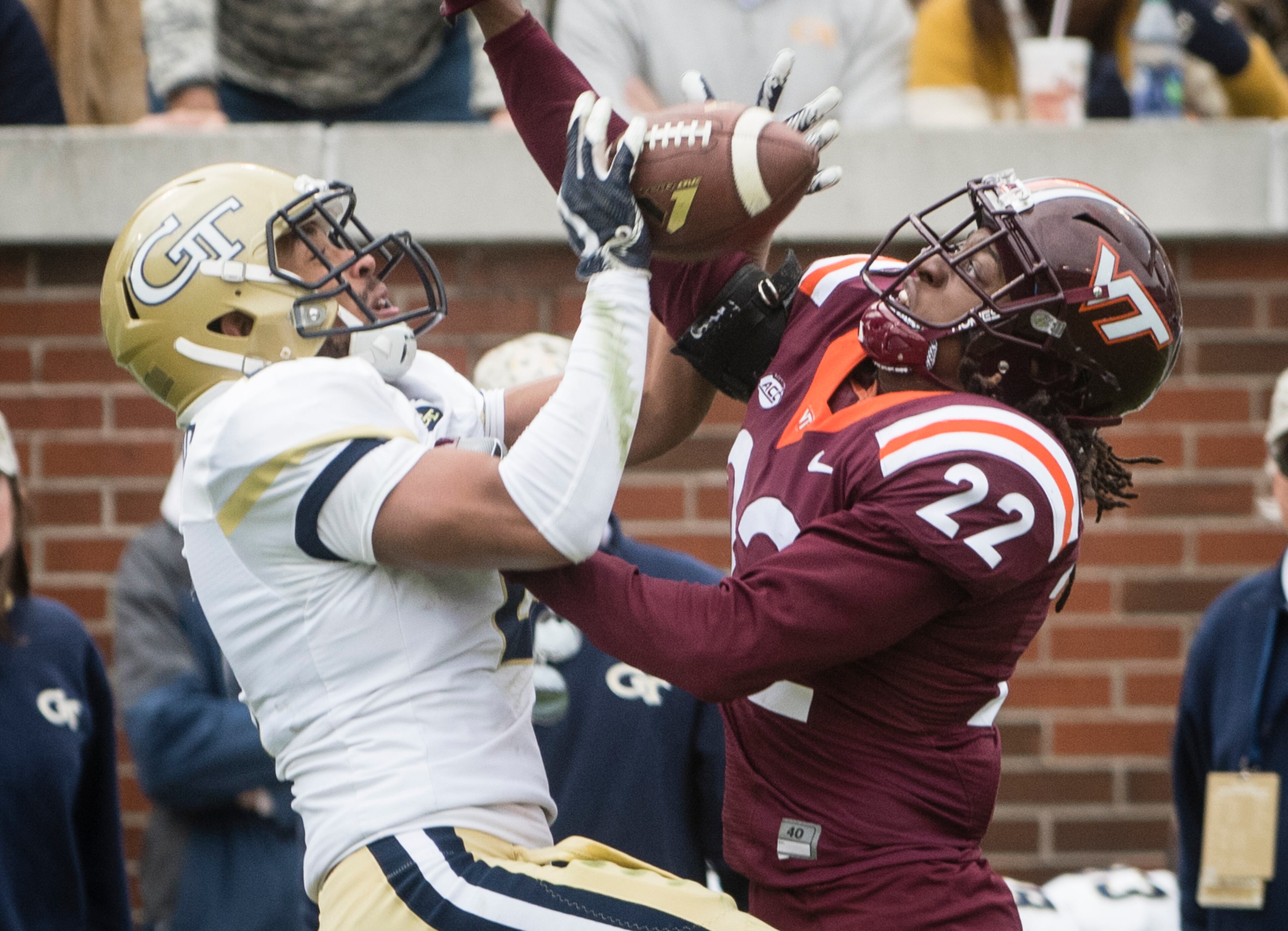 Georgia Tech wide receiver Ricky Jeune (2) vies for a pass with Virginia Tech safety Terrell Edmunds (22) during the first half of a football game on Saturday, Nov.11, 2017, in Atlanta. (Photo/John Amis)