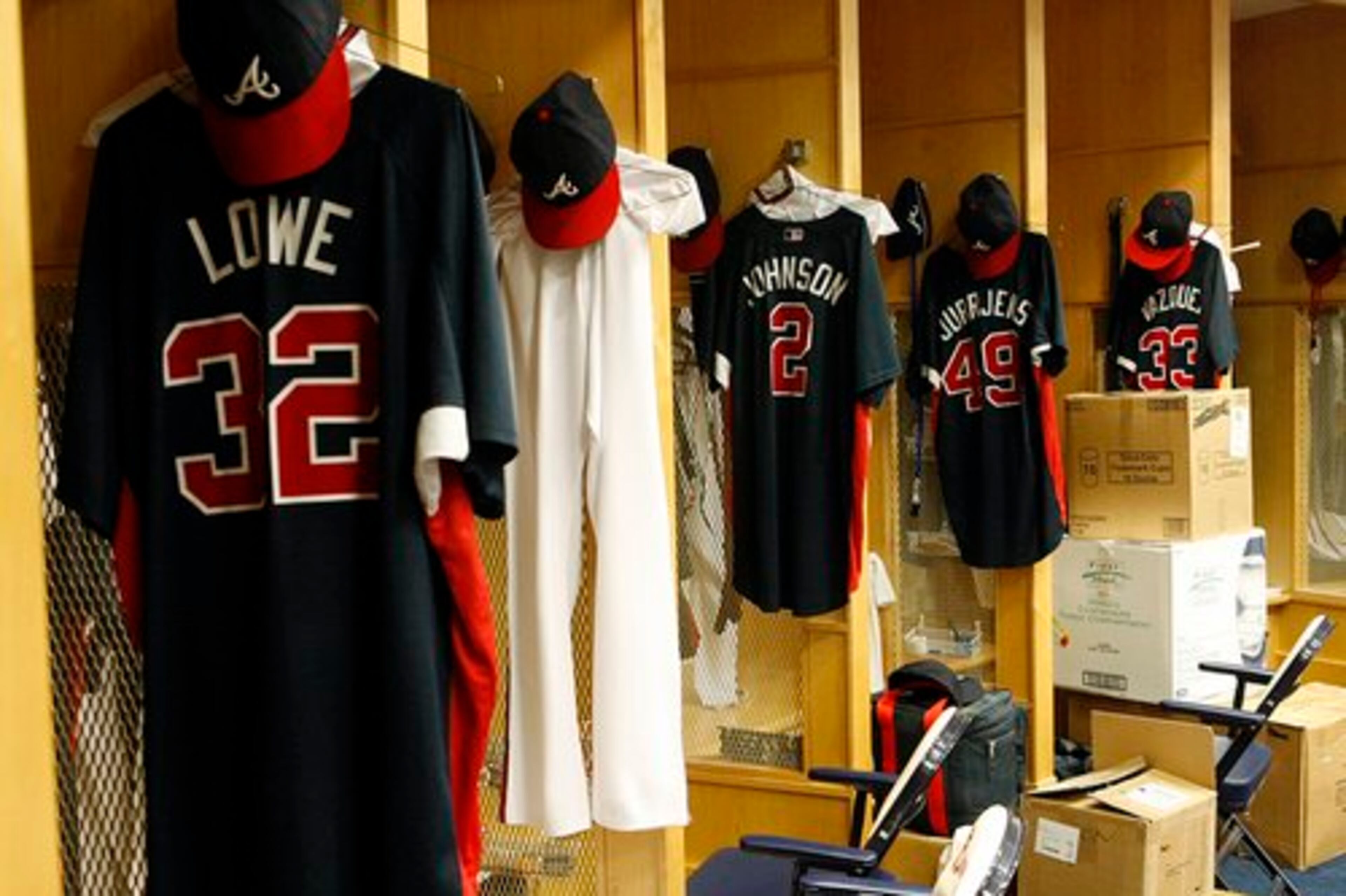 Boxed items remain for collection in the Braves club house. Spring training begins in March 2010.