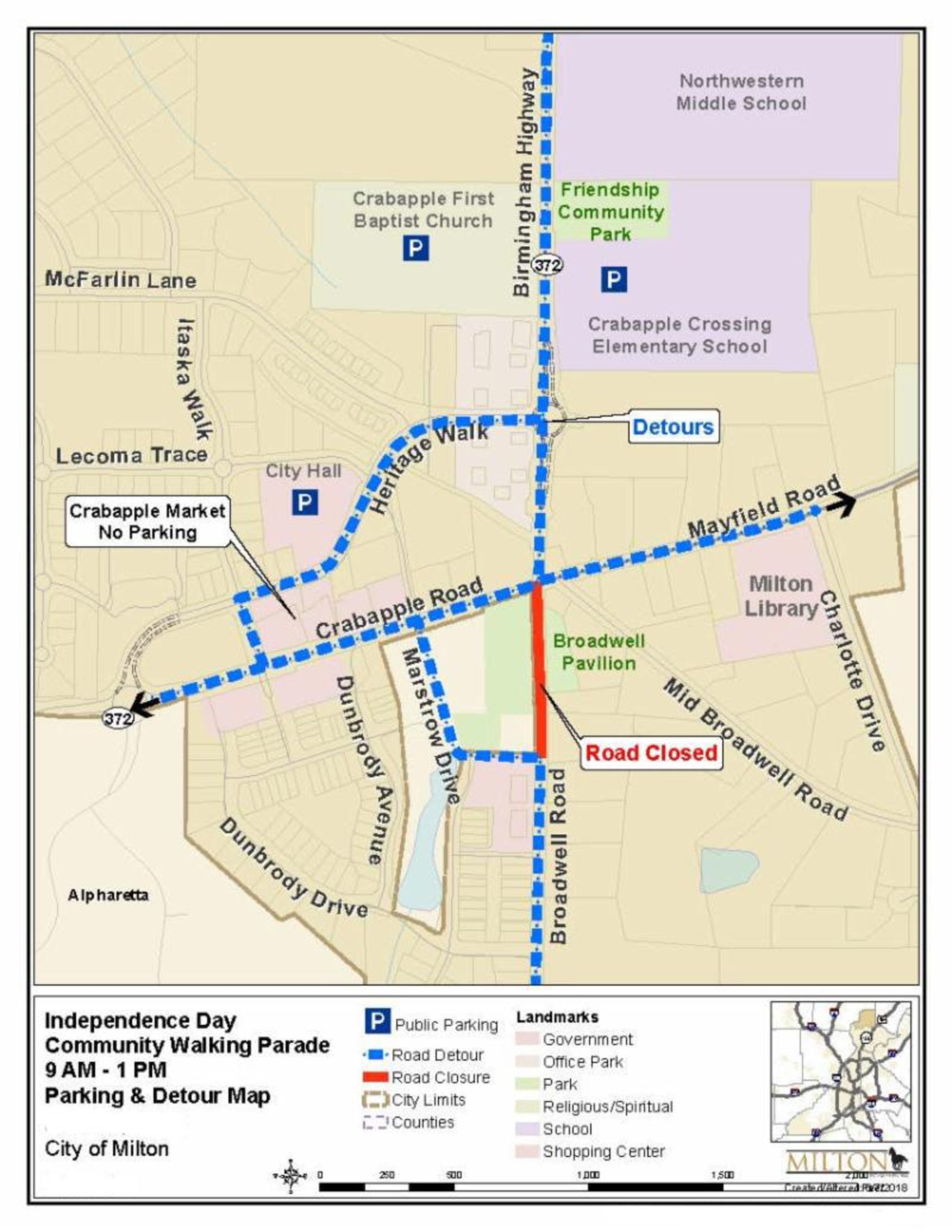 This is a map of road closures for the 2019 Milton Independence Day Walking Parade celebration on June 29, 2019.