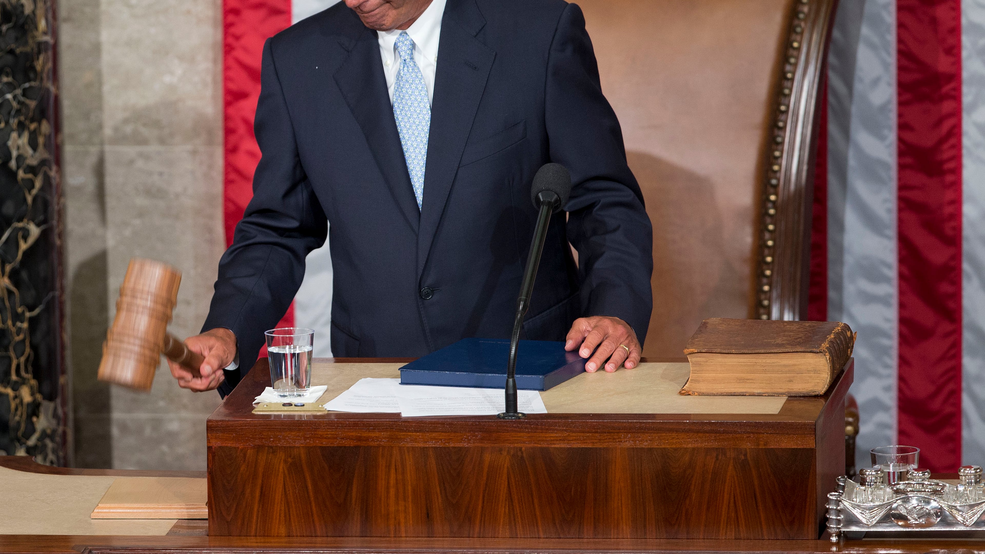 House Speaker John Boehner of Ohio, lowers the gavel after being re-elected to a third term during the opening session of the 114th Congress, as Republicans assume full control for the first time in eight years, Tuesday, Jan. 6, 2015, on Capitol Hill in Washington. (AP Photo/Pablo Martinez Monsivais ) "Peace, I'm outta here." (AP Photo / Pablo Martinez Monsivais )
