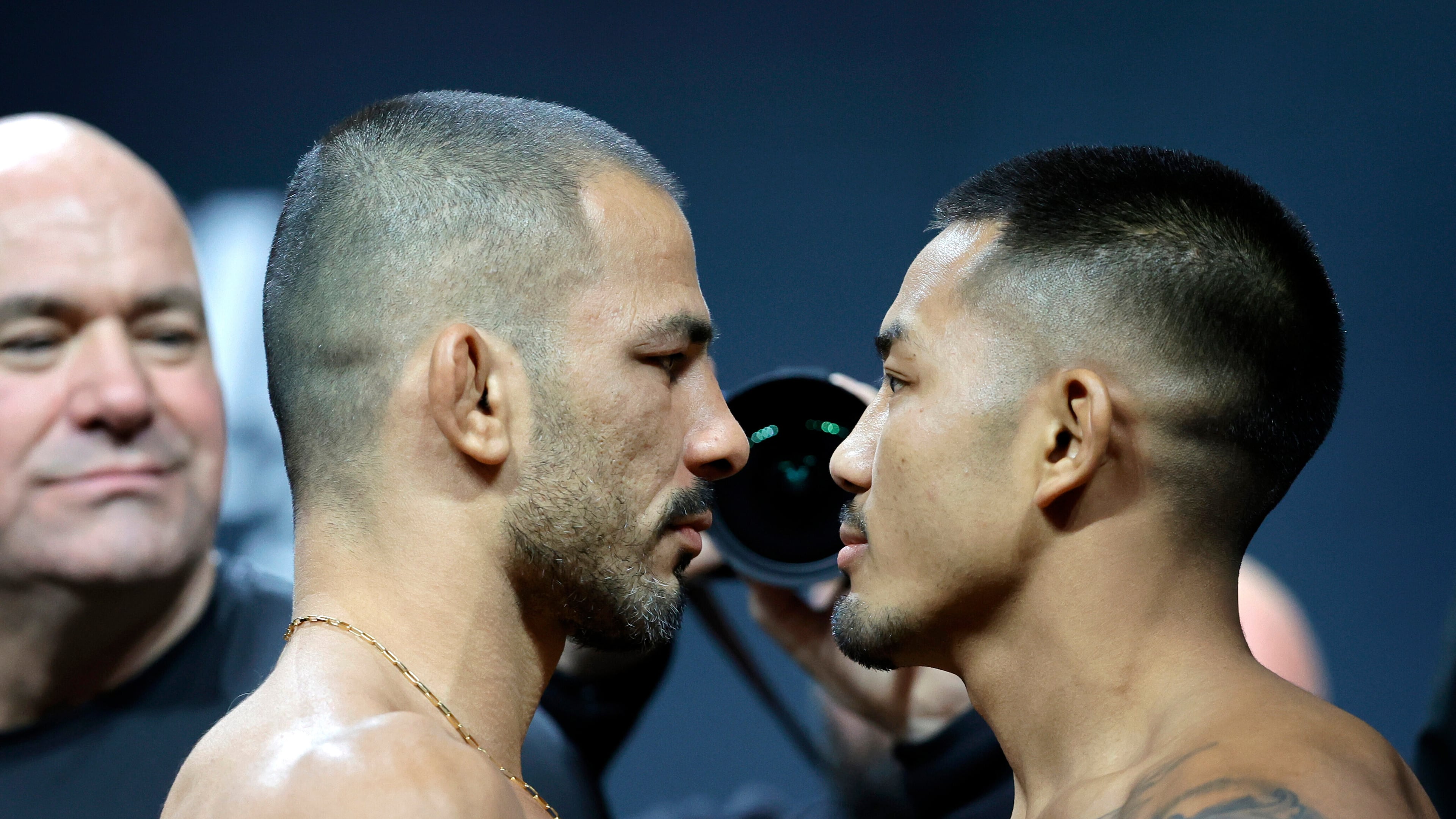 FILE - UFC flyweight champion Alexandre Pantoja, left, of Brazil, and Joshua Van, originally of Myanmar, face off during a ceremonial weigh-in for UFC 323 Friday, Dec. 5, 2025, in Las Vegas (Steve Marcus/Las Vegas Sun via AP,File)