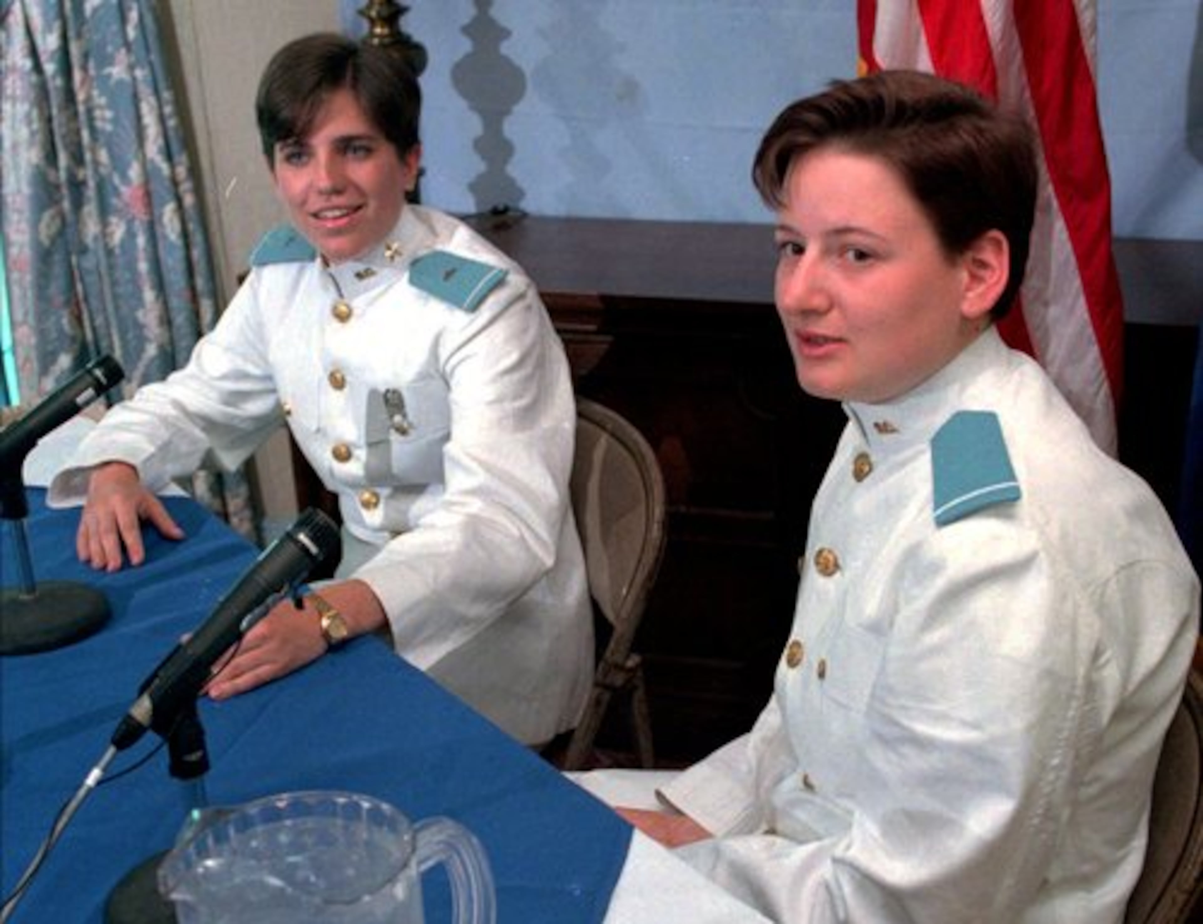 Mace, left and Petra Lovetinska, of the Czech Republic, talk to reporters in 1997 about completing their first year as Citadel cadets.